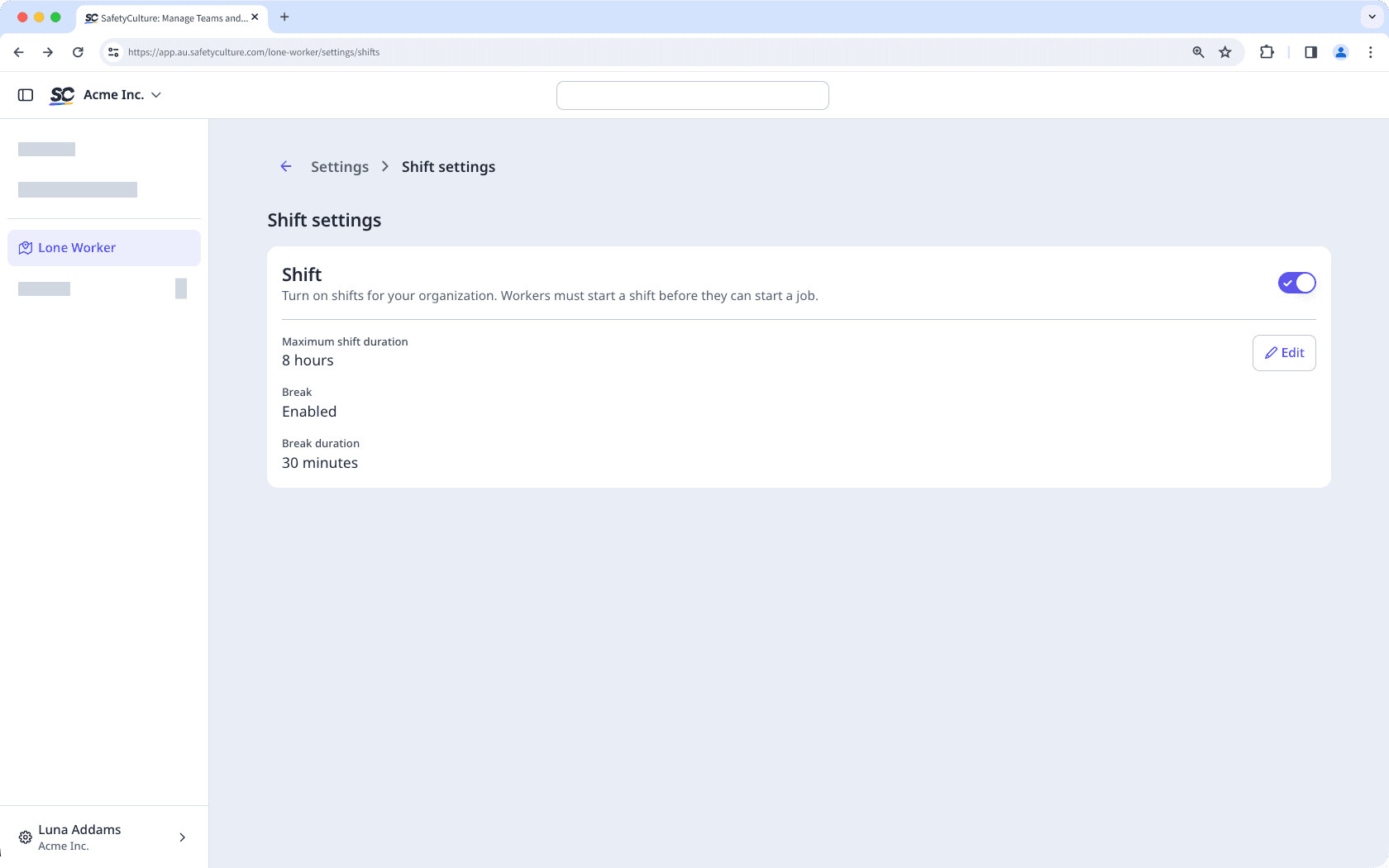 To set up a shift for lone workers, turn on Shifts. Click "edit" to configure the details of the shift.