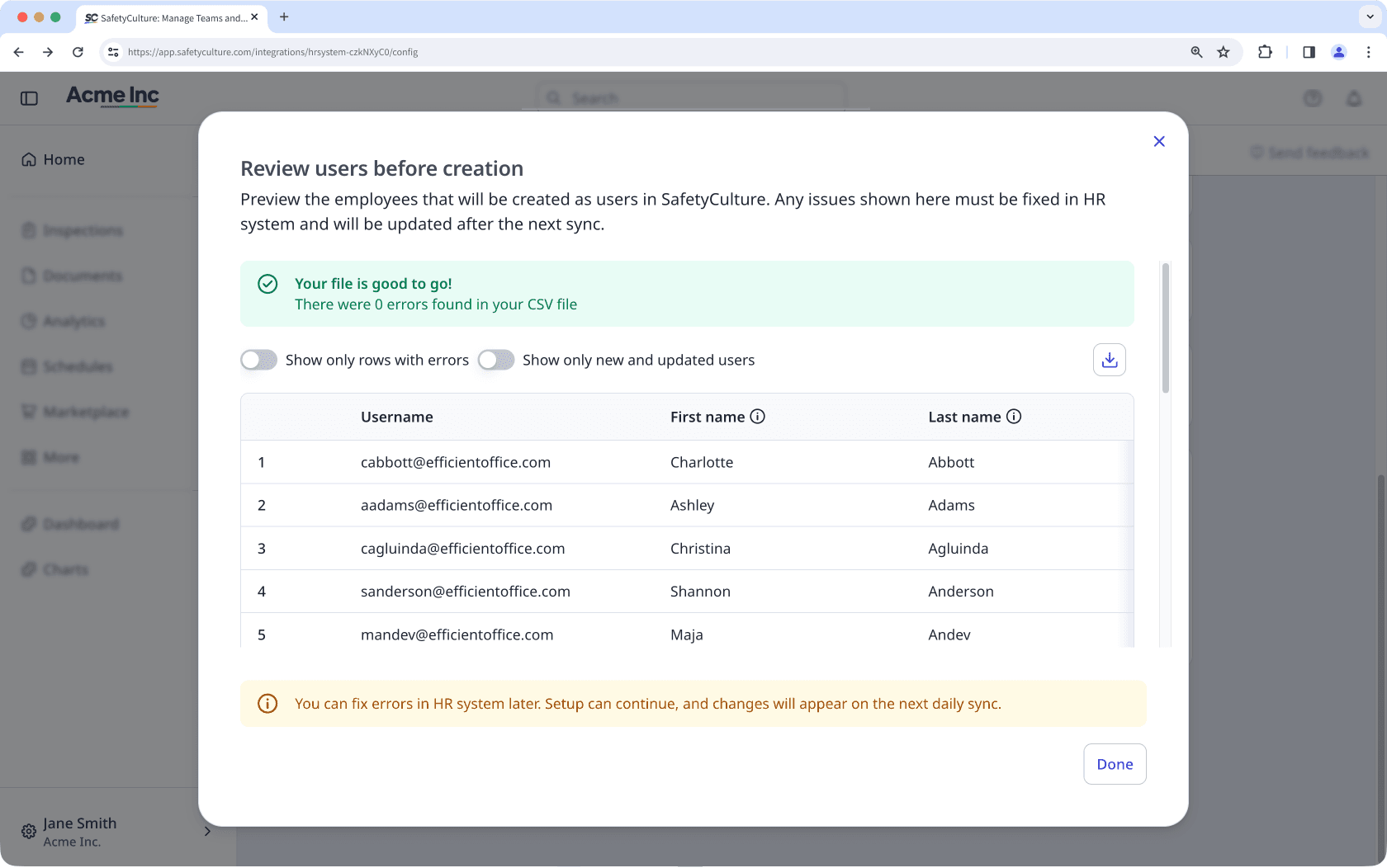 The Review users before creation window showing a list of users to be created from your HR system into SafetyCulture.