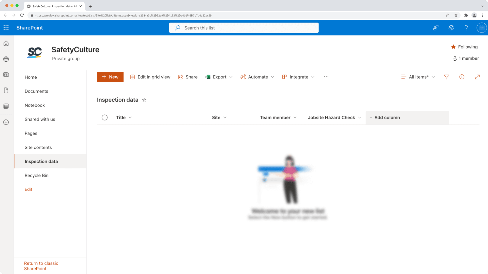 Un ejemplo de una lista de SharePoint con columnas creadas de antemano.