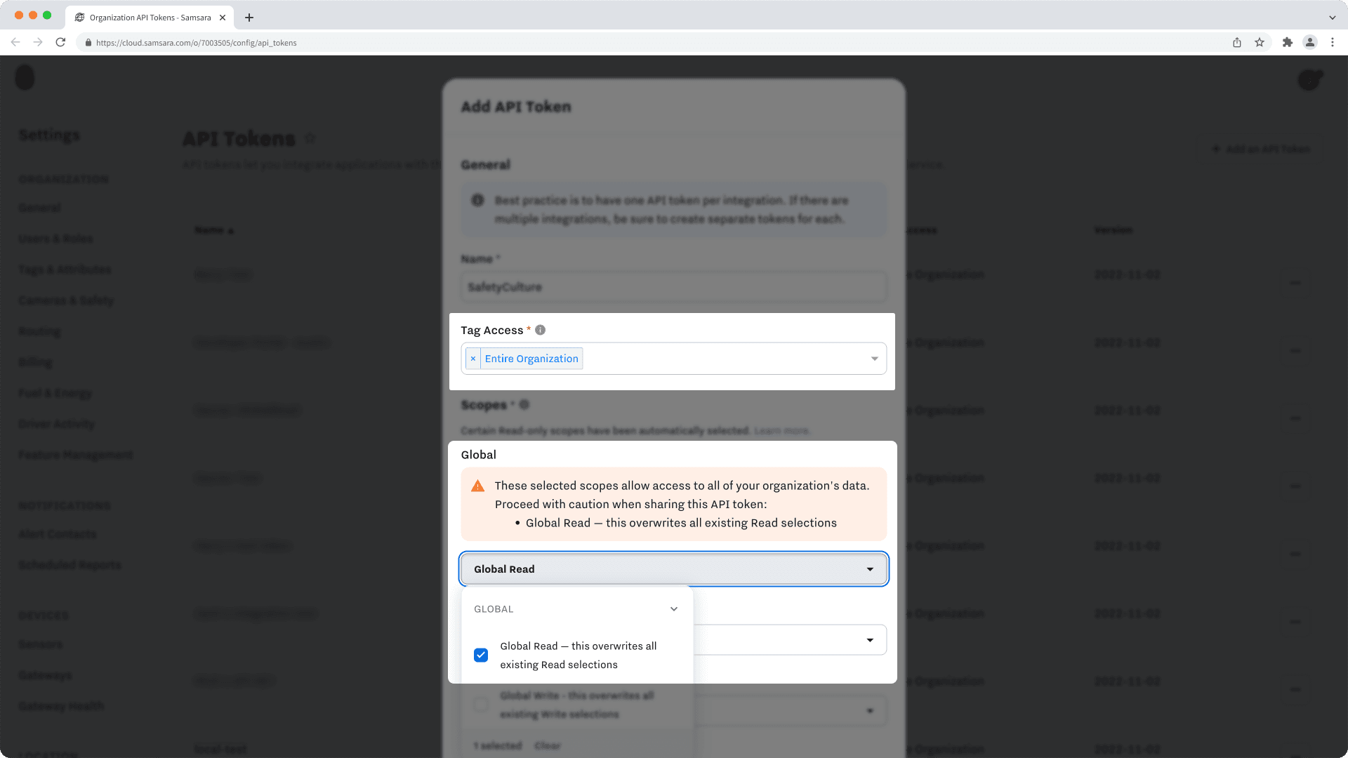 Ajustes del token de API para la integración de Samsara para SafetyCulture.