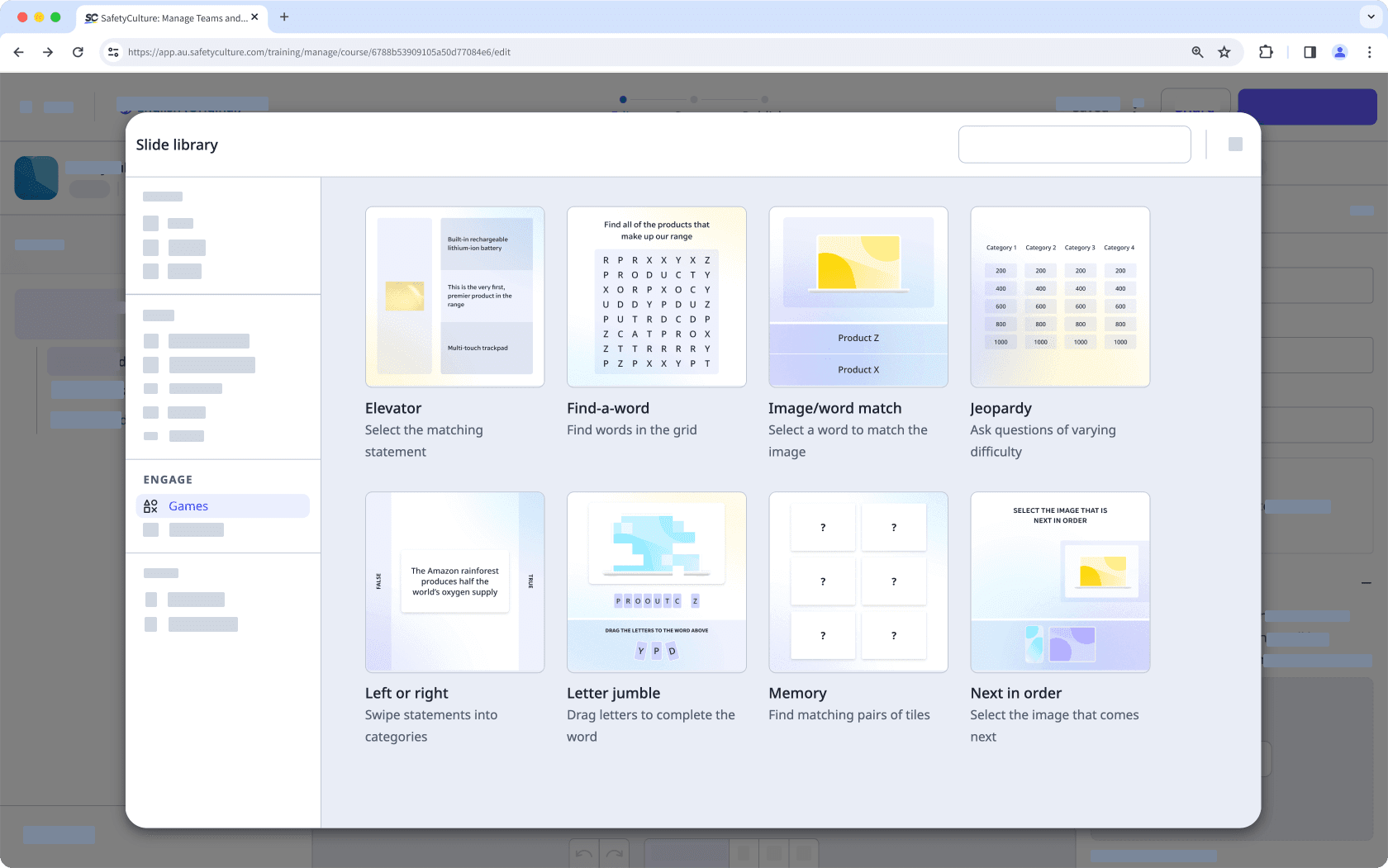 Ein Beispiel für Spielfolienvorlagen für Schulungskurse in der Web-App.