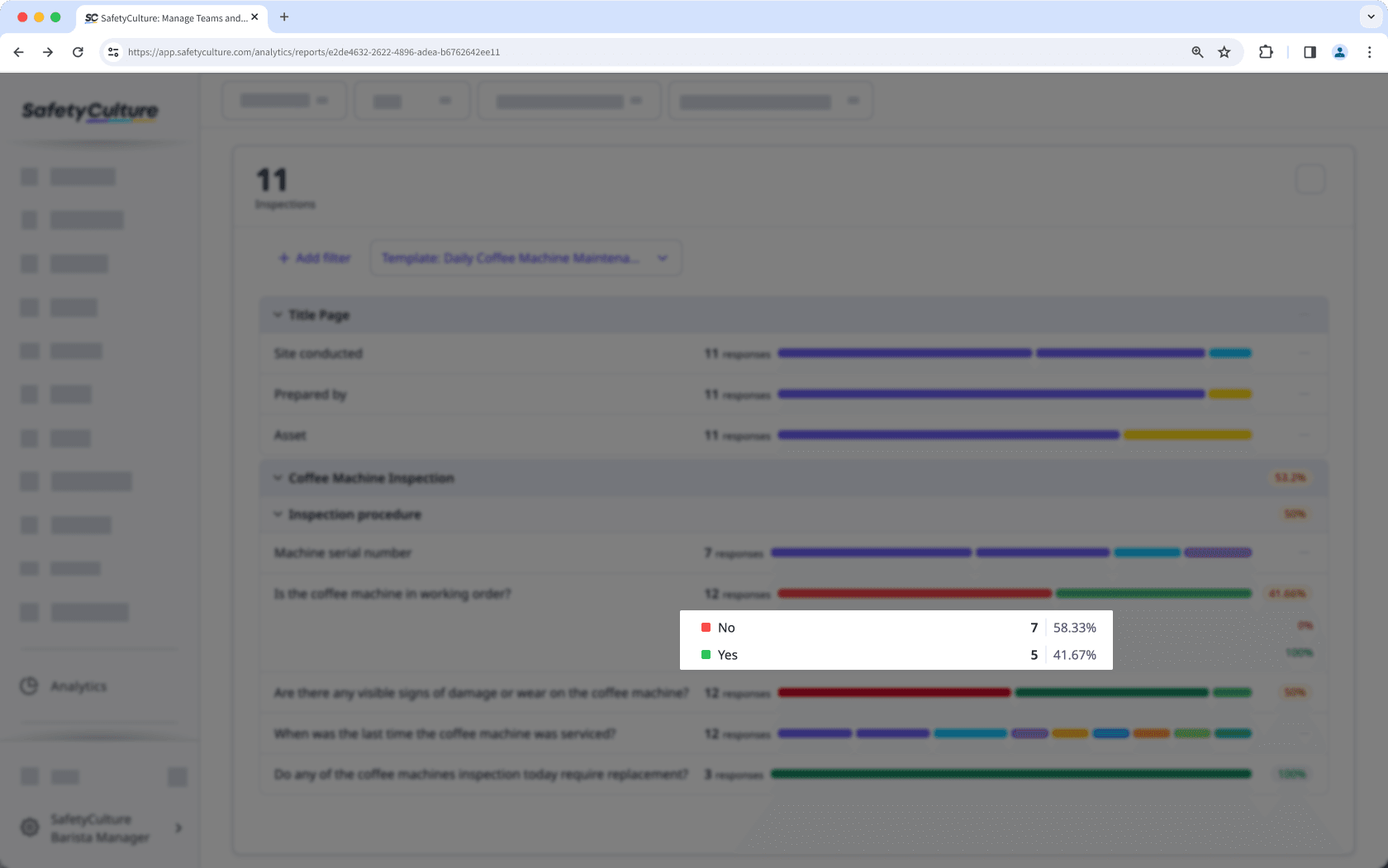 Vea el porcentaje de uso y el total de uso de las respuestas en inspecciones utilizando el tipo de gráfico de tabla de respuestas a través de la aplicación web.