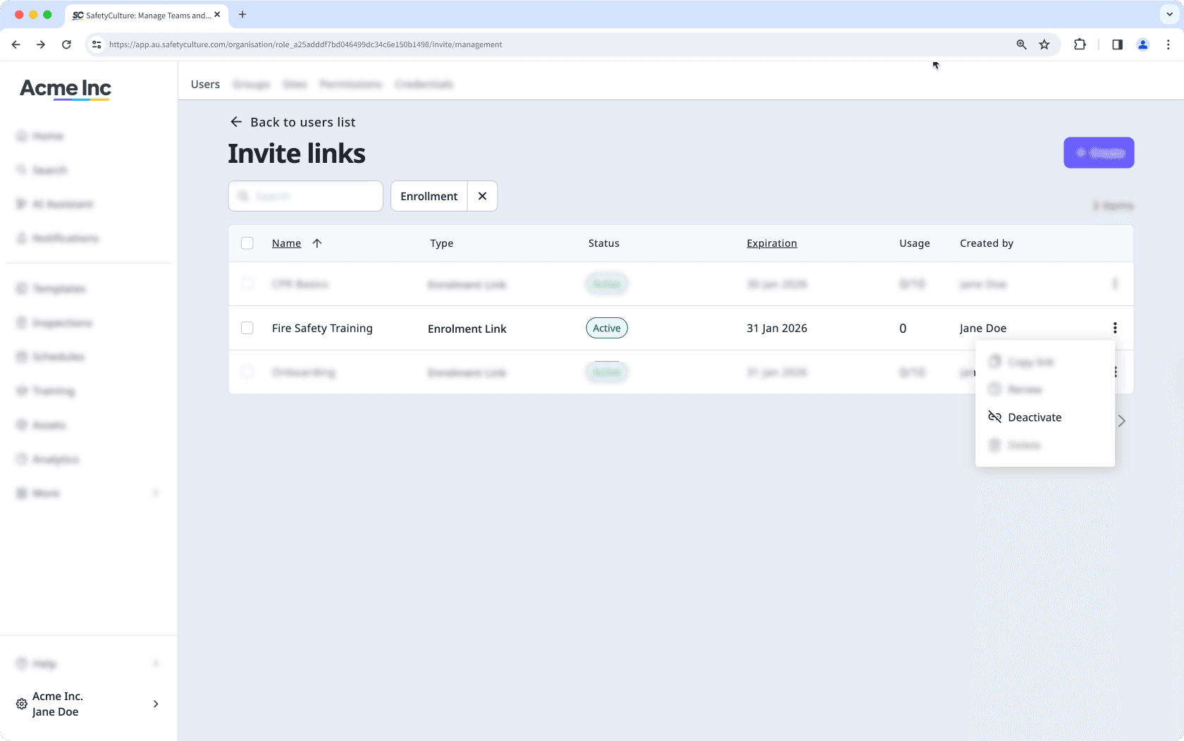 Désactiver un lien d'inscription depuis l'application Web.