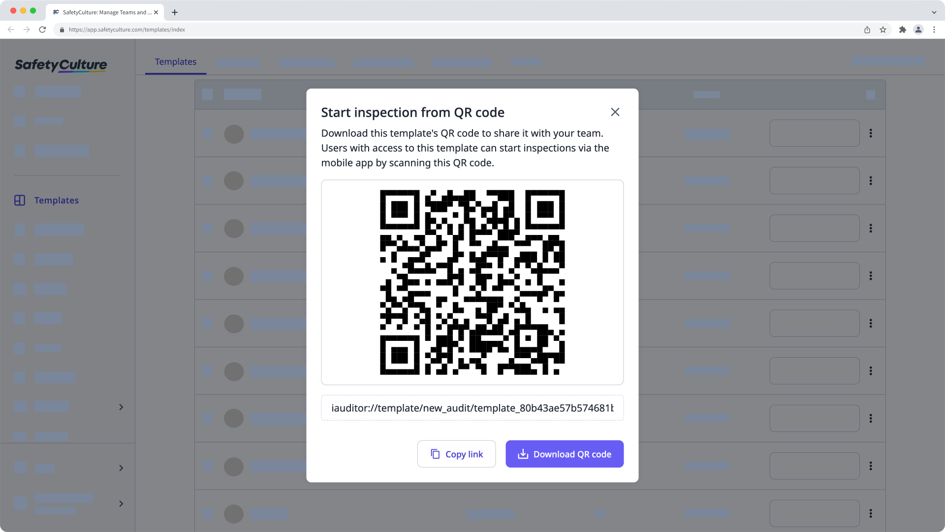 A screenshot showing how to download a 'start inspection' QR code via the web app.