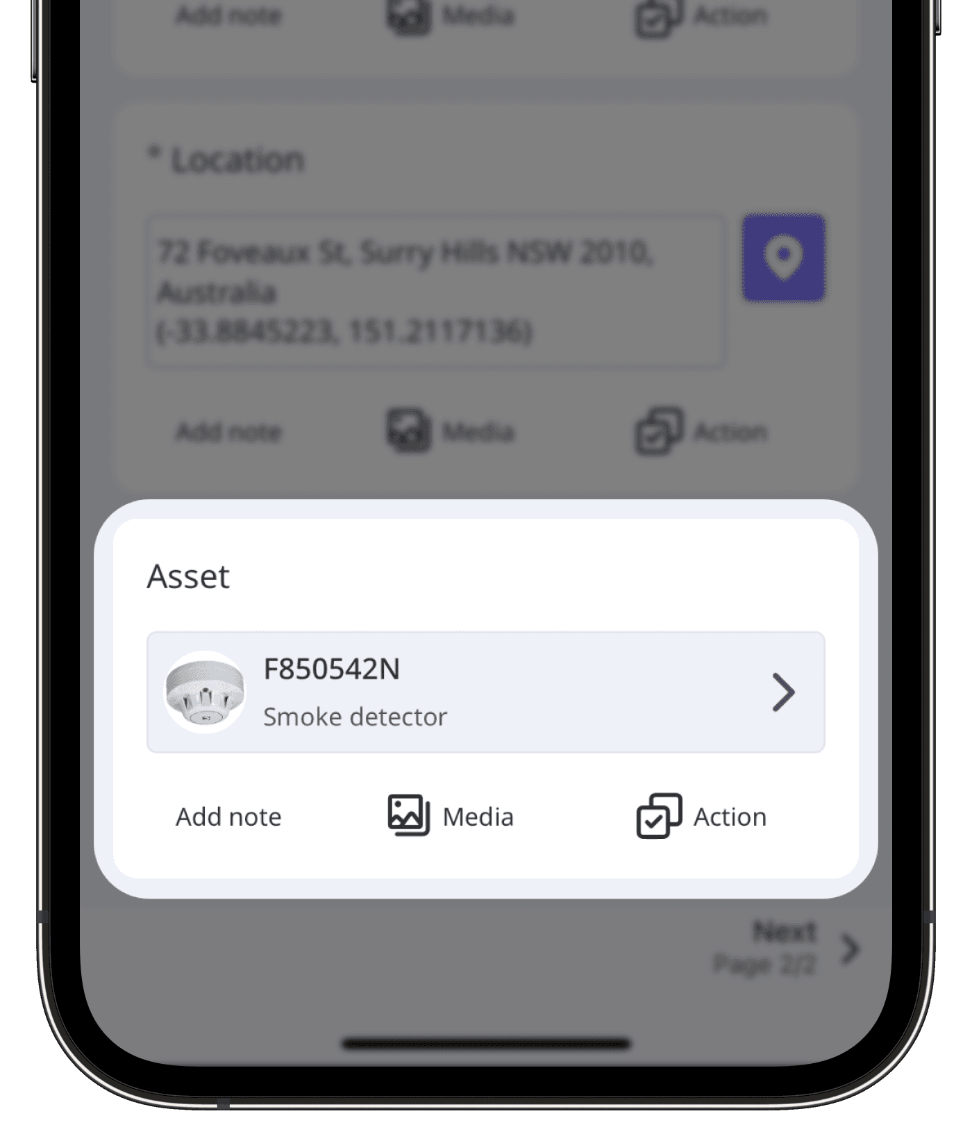 Page de titre d'une inspection montrant un actif sur l'application portable