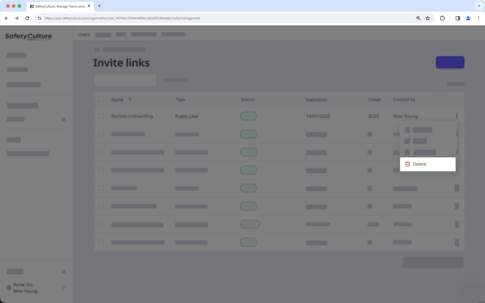 Mithilfe der Web-App einen Einladungslink löschen.