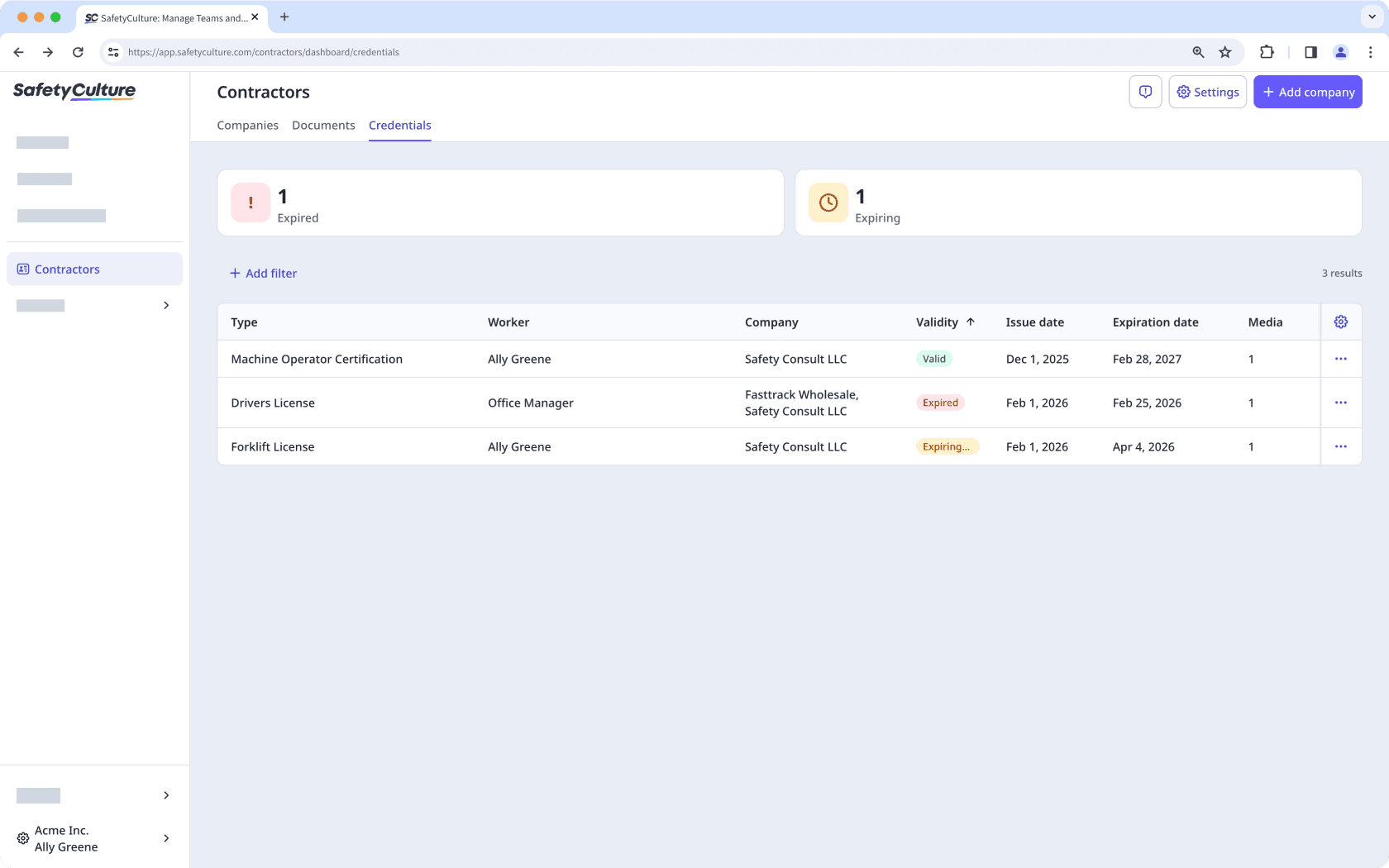 The Contractors dashboard showing the Credentials tab and list of all credentials.