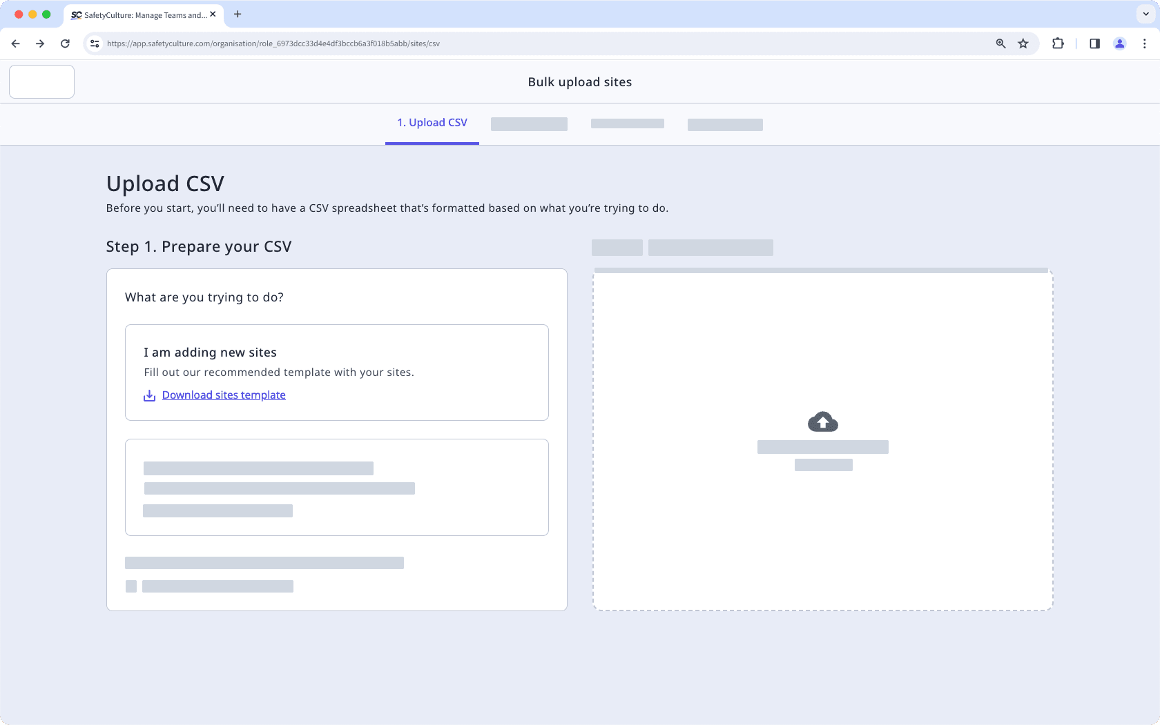 Bulk upload sites CSV via the web app.