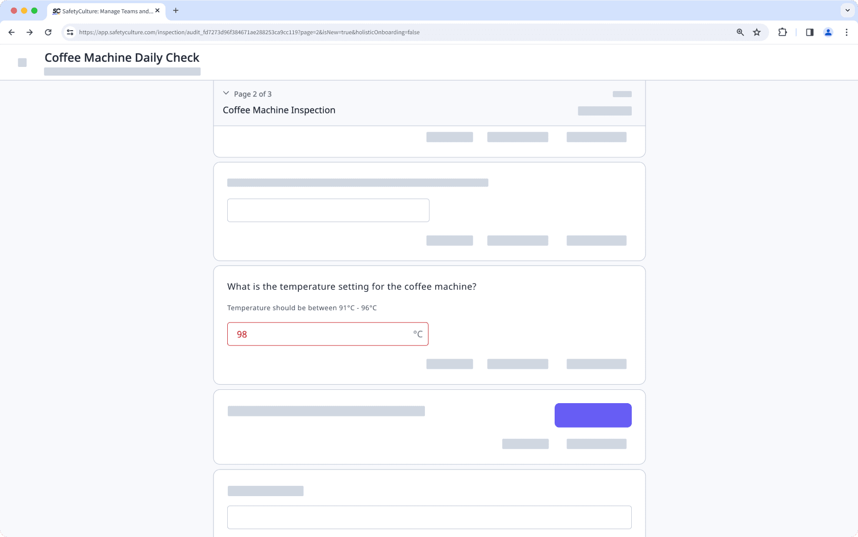 Exemple de réaction à une température supérieure au seuil lors d'une inspection via l'application Web.