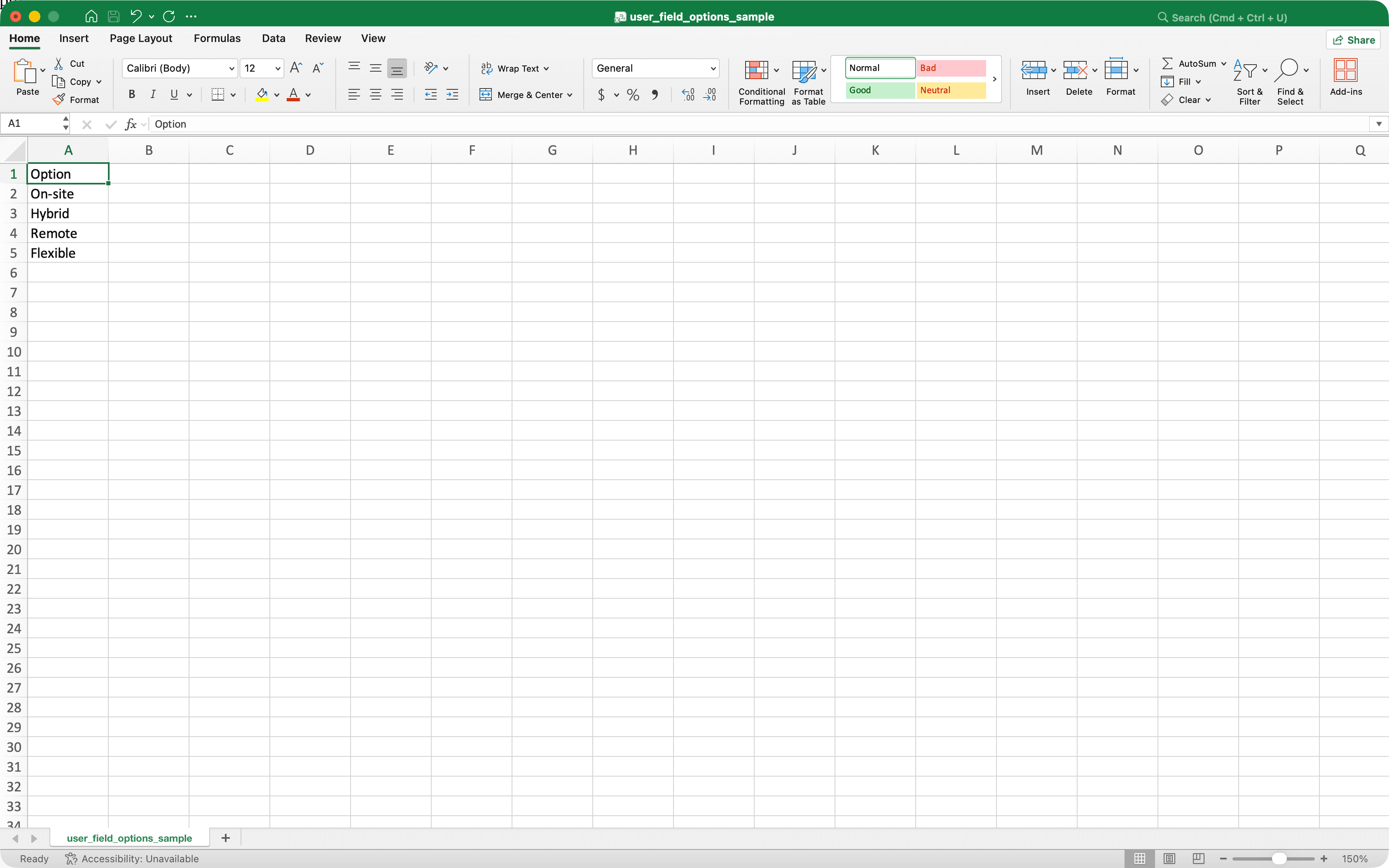 List of options for a single select user field in the CSV file.