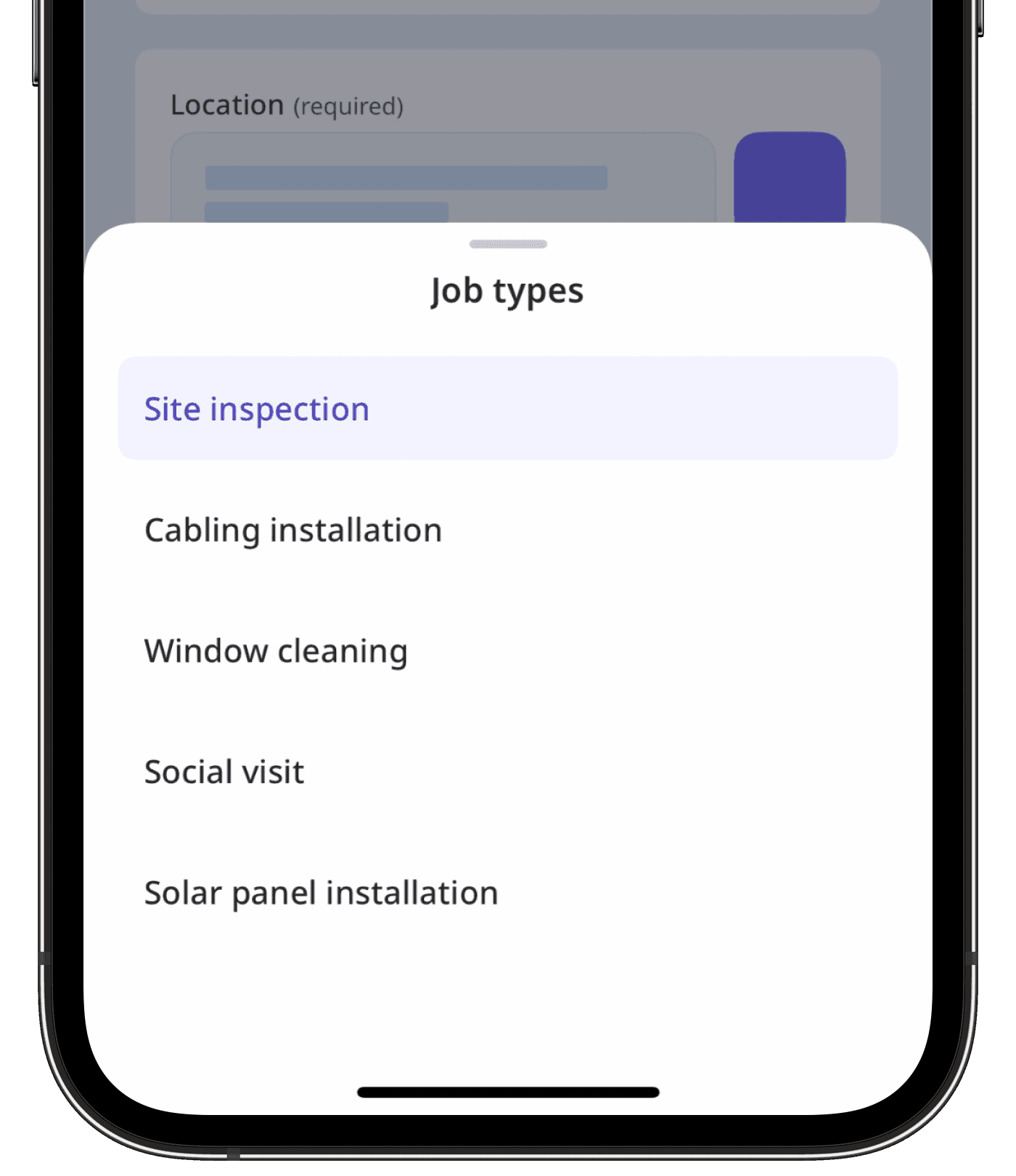 Exemple de types de travaux pour travailleurs isolés sur l'application portable.