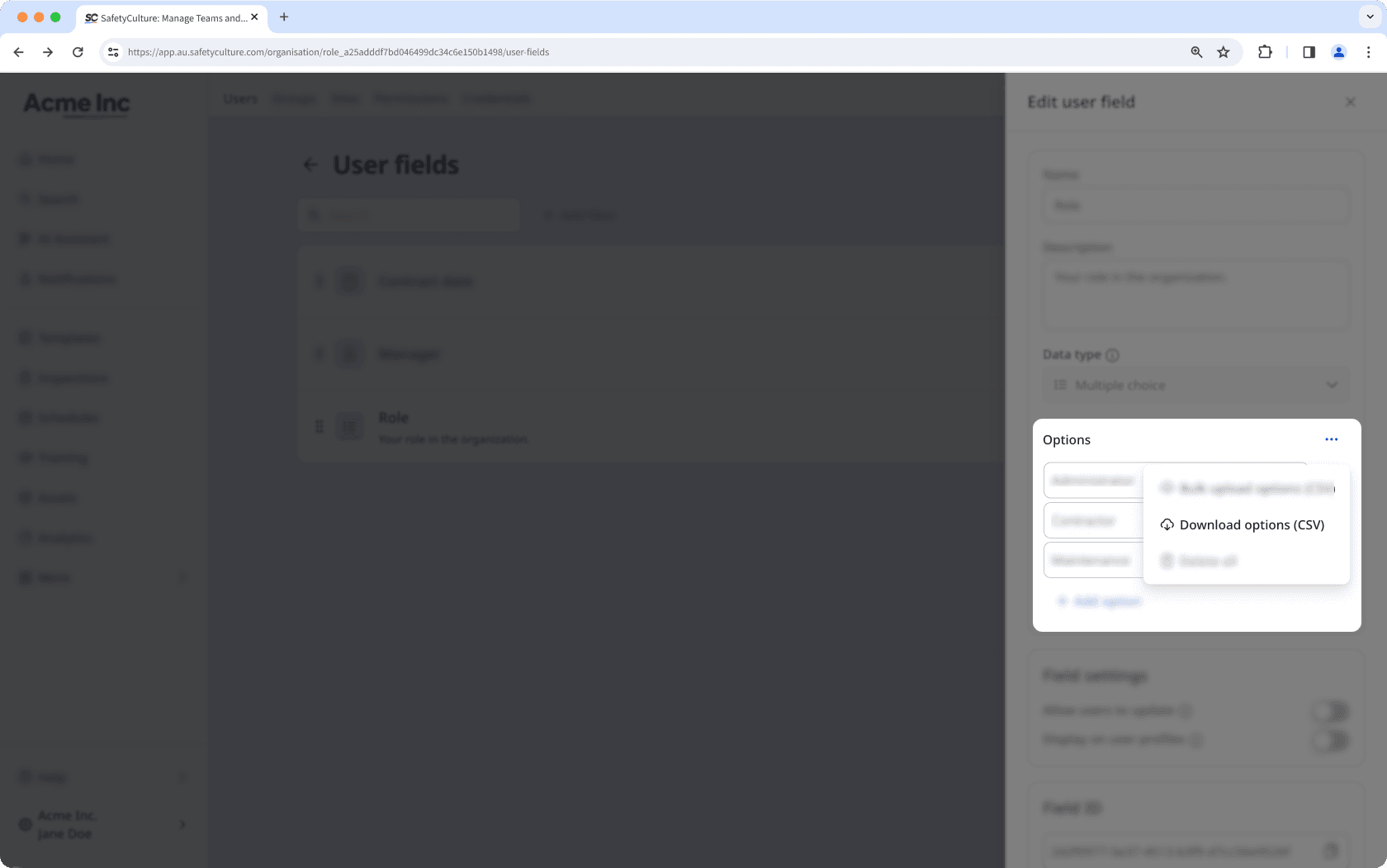 Optionen als CSV über die Web-App herunterladen.