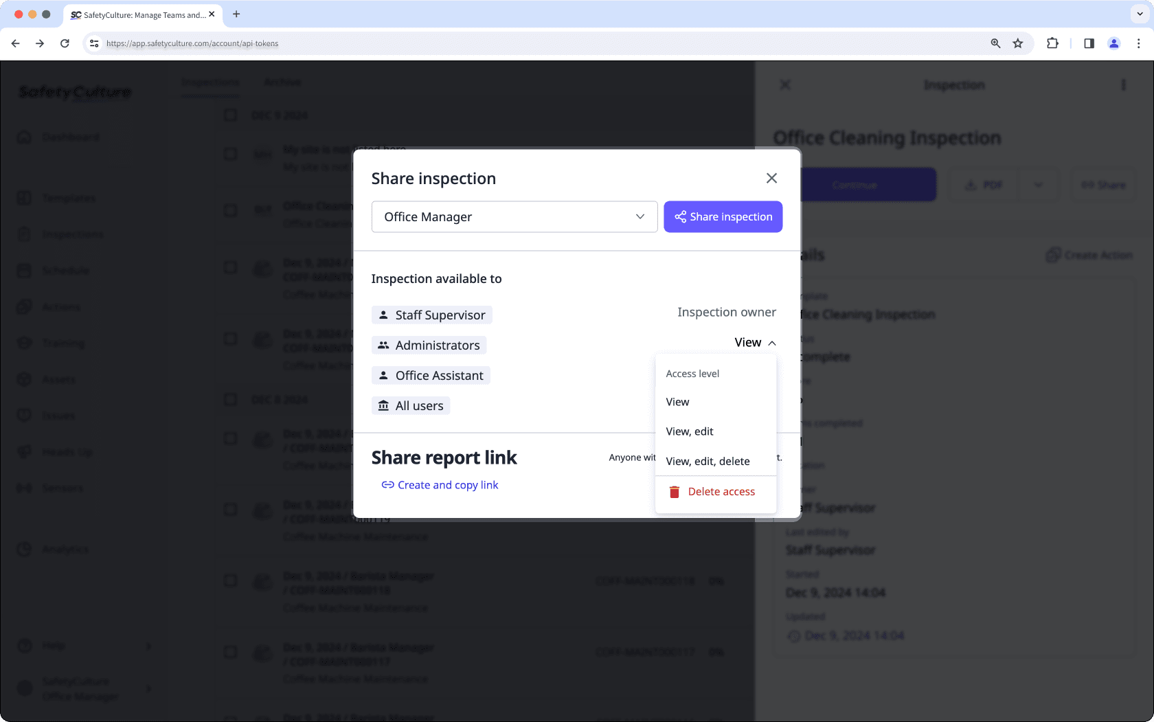 Niveaux d'accès aux inspections sur l'application Web.