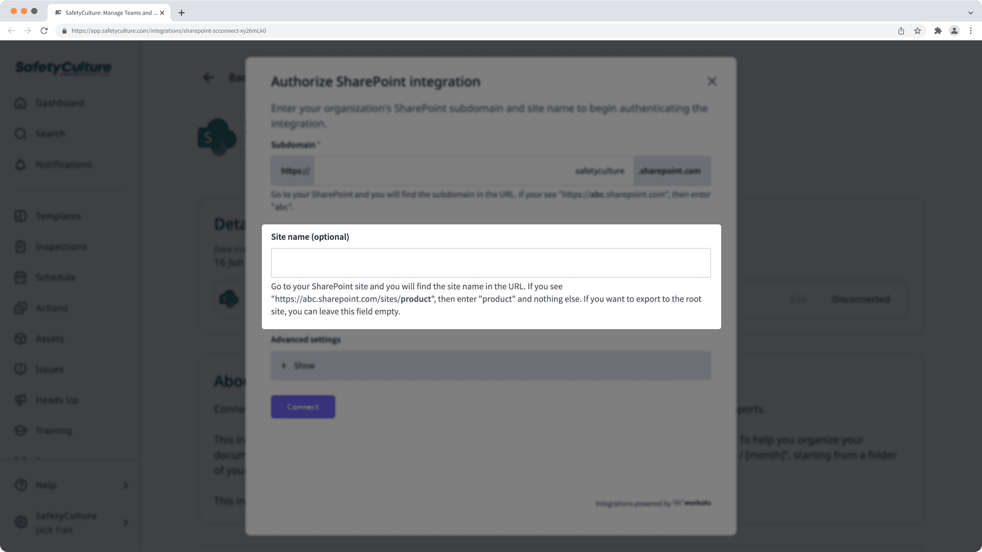 Le champ de nom du site lors de l'installation de l'intégration SharePoint pour SafetyCulture.