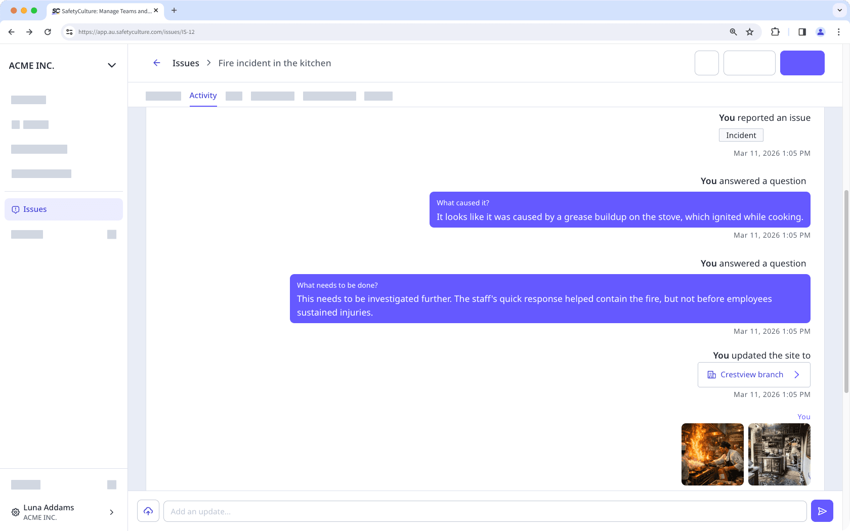 View the issue timeline via the web app.