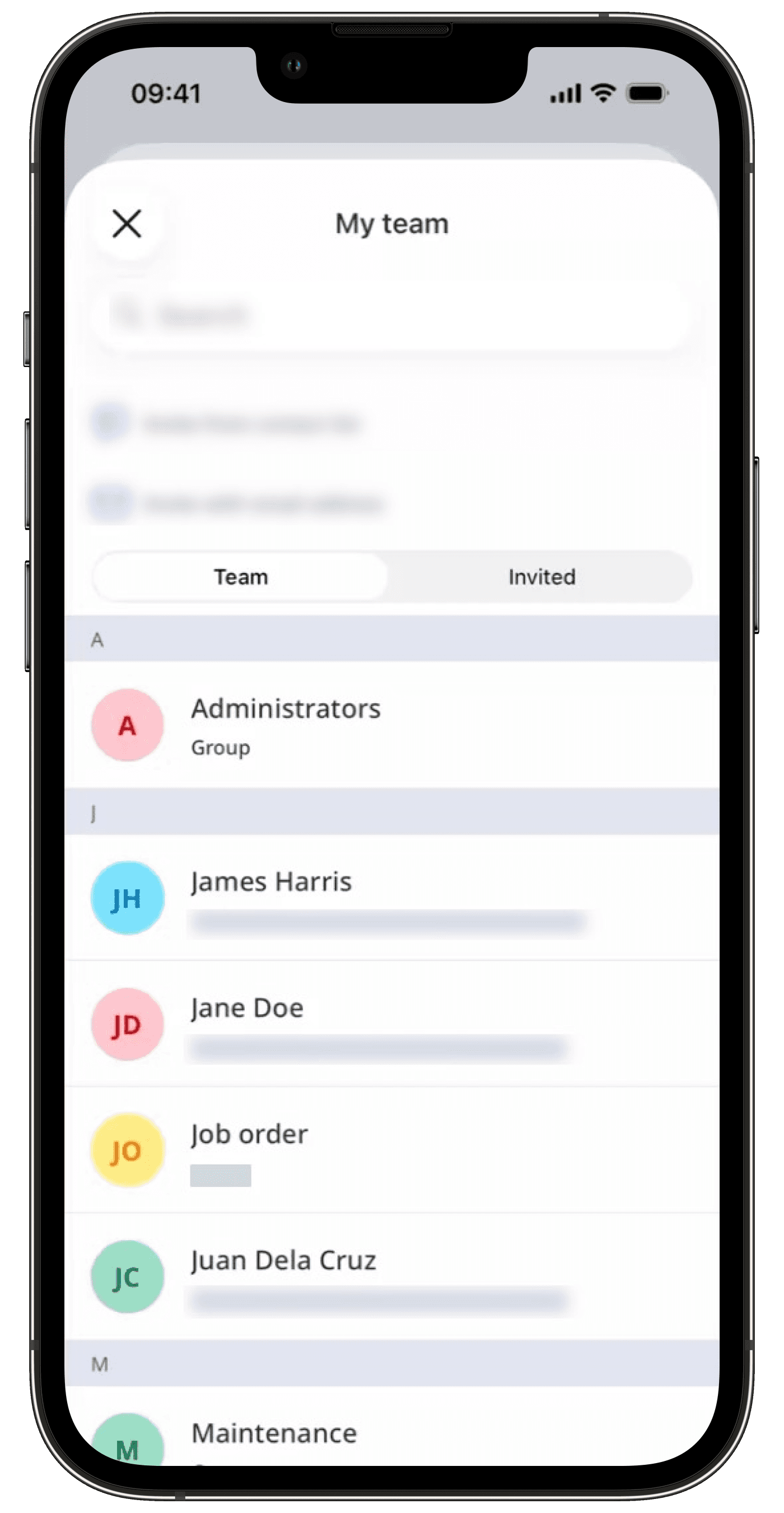 Team list in My Team on the mobile app.