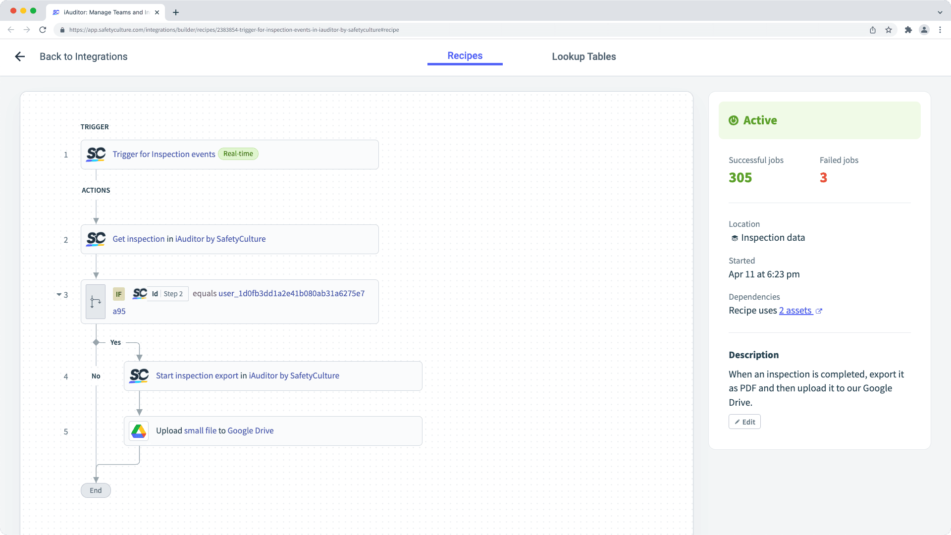 Ein Beispiel für die Verwendung des Safetyculture Integration Builder.
