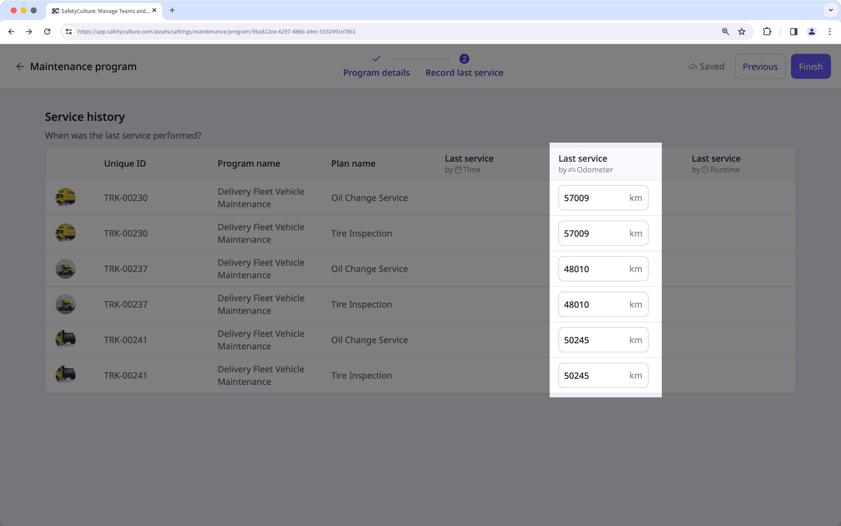 Enregistrez la dernière intervention effectuée sur les actifs du programme via l'application Web.