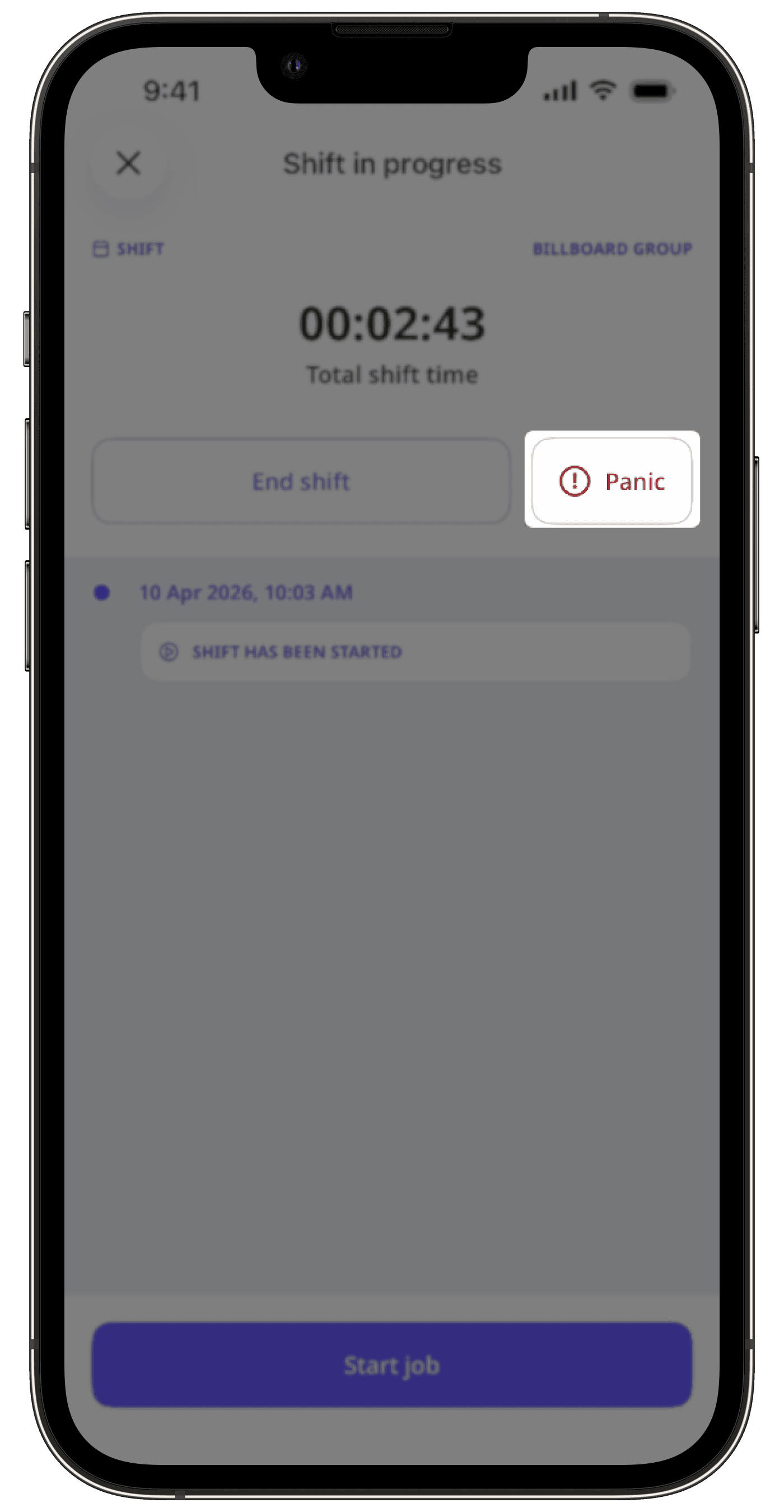 Tap and hold the "panic" button for 3 seconds to trigger a panic while on shift.