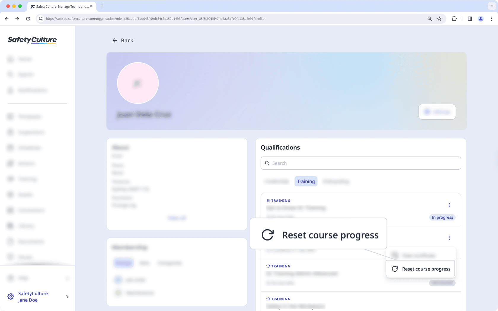 Reset a user’s progress in a course via the web app.