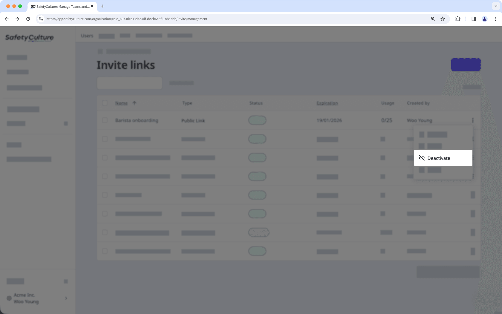Mithilfe der Web-App einen Einladungslink deaktivieren.