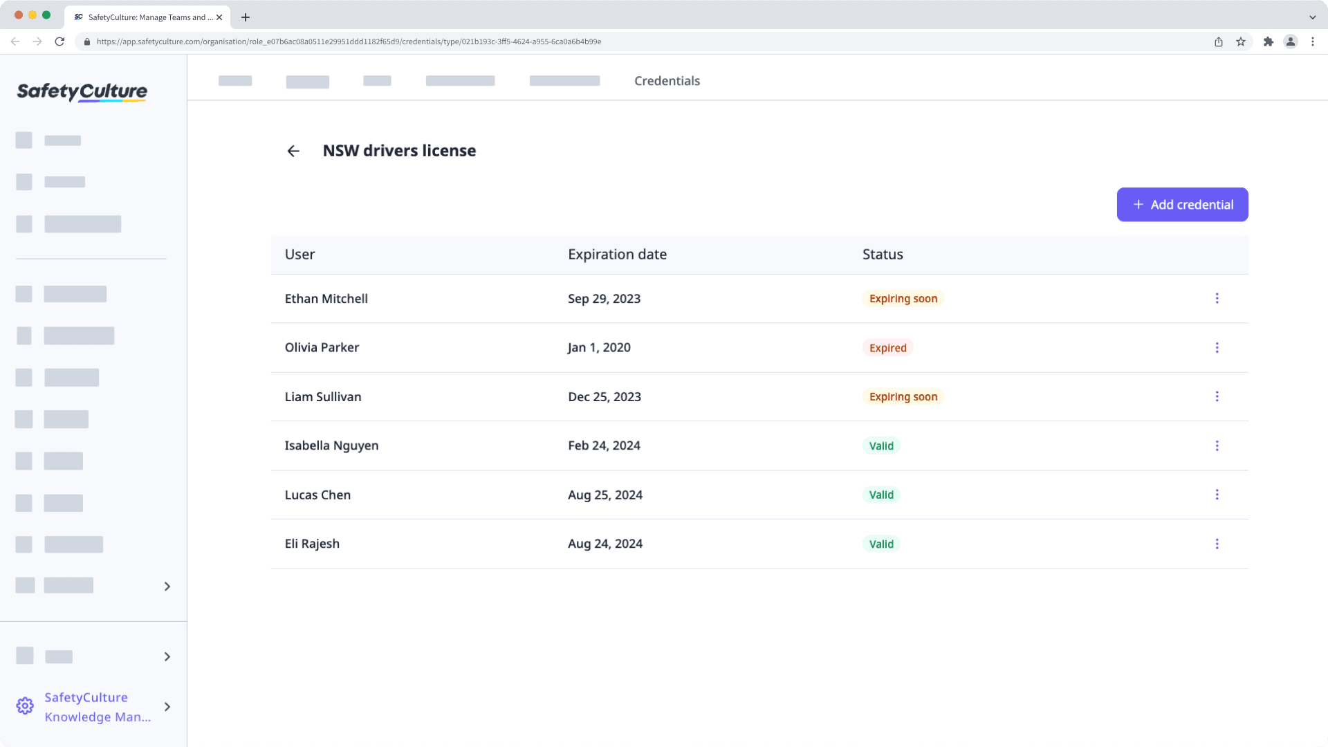 An example of a list of credentials showing different statuses (valid, expiring soon, expired) on the web app.