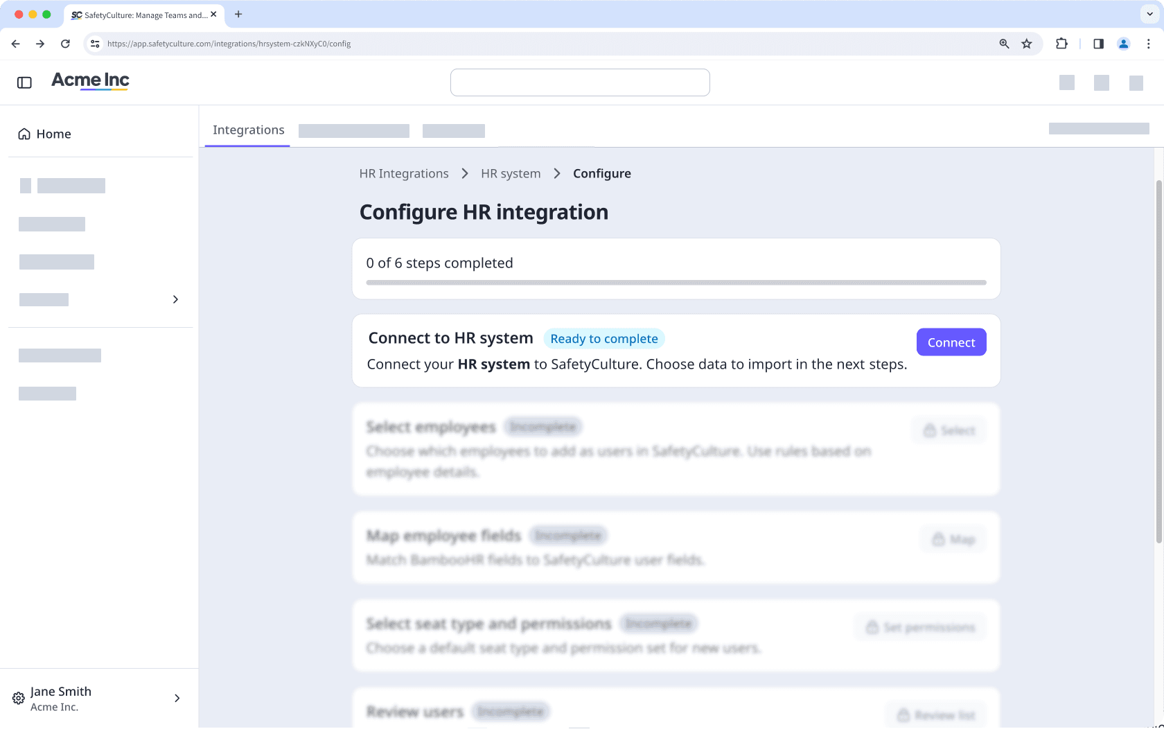 The Configure HR integration page showing how to connect SafetyCulture to your HR system.