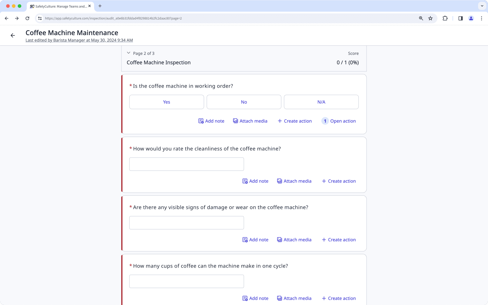 Responder las preguntas obligatorias en una inspección a través de la aplicación web.