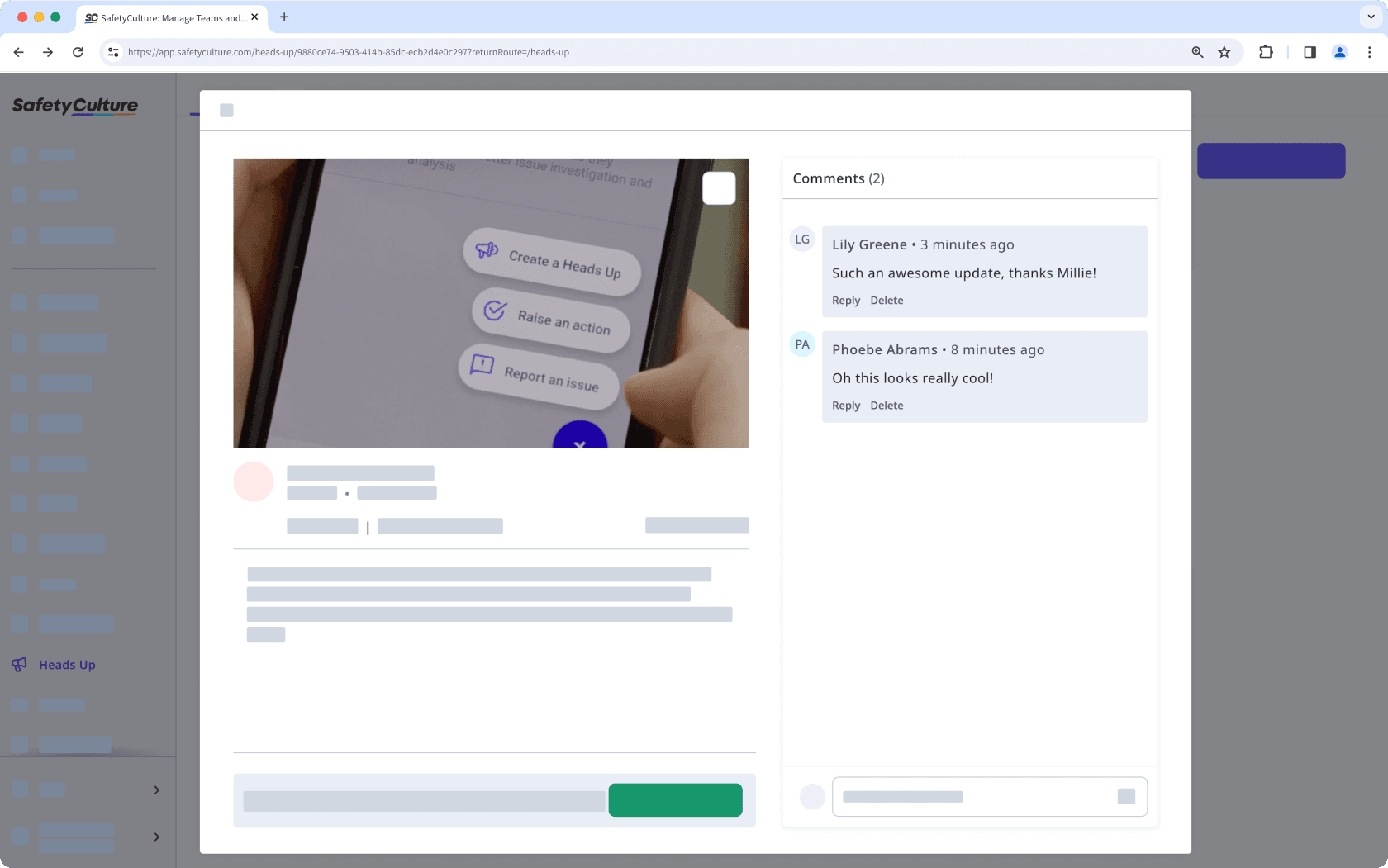 Comment on a Heads Up via the web app.