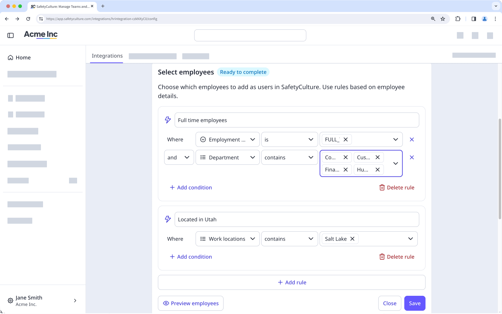 Filter employees using rules and conditions before importing users into SafetyCulture.