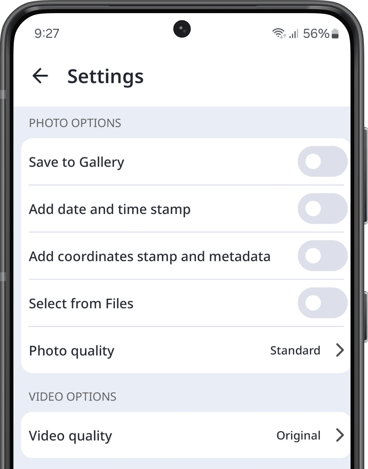 Opciones de foto y vídeo a través de la aplicación móvil.