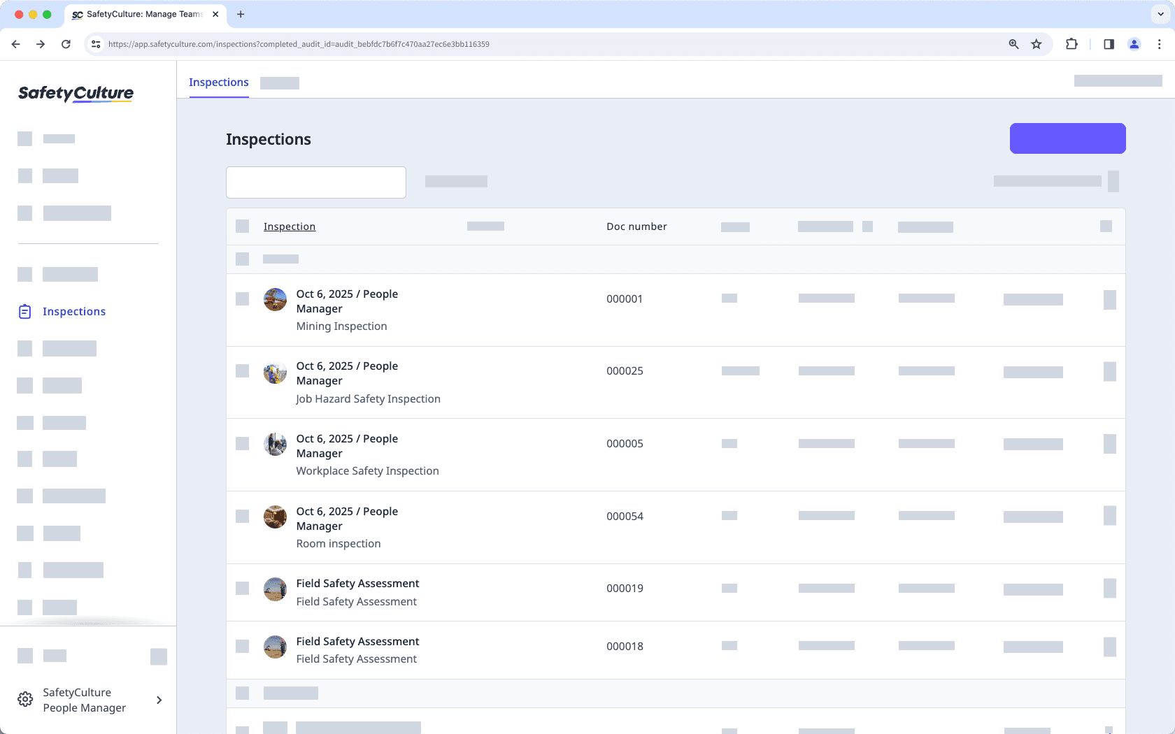 Document number in the inspections list via the web app.