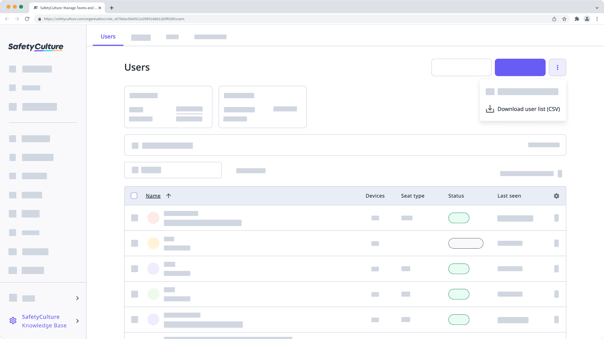 Export your organization's user list as CSV via the web app.