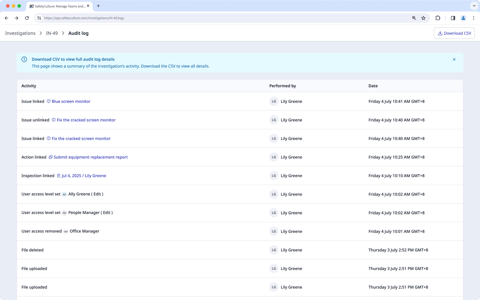 Ver y descargar el registro de auditoría de una investigación a través de la aplicación web.