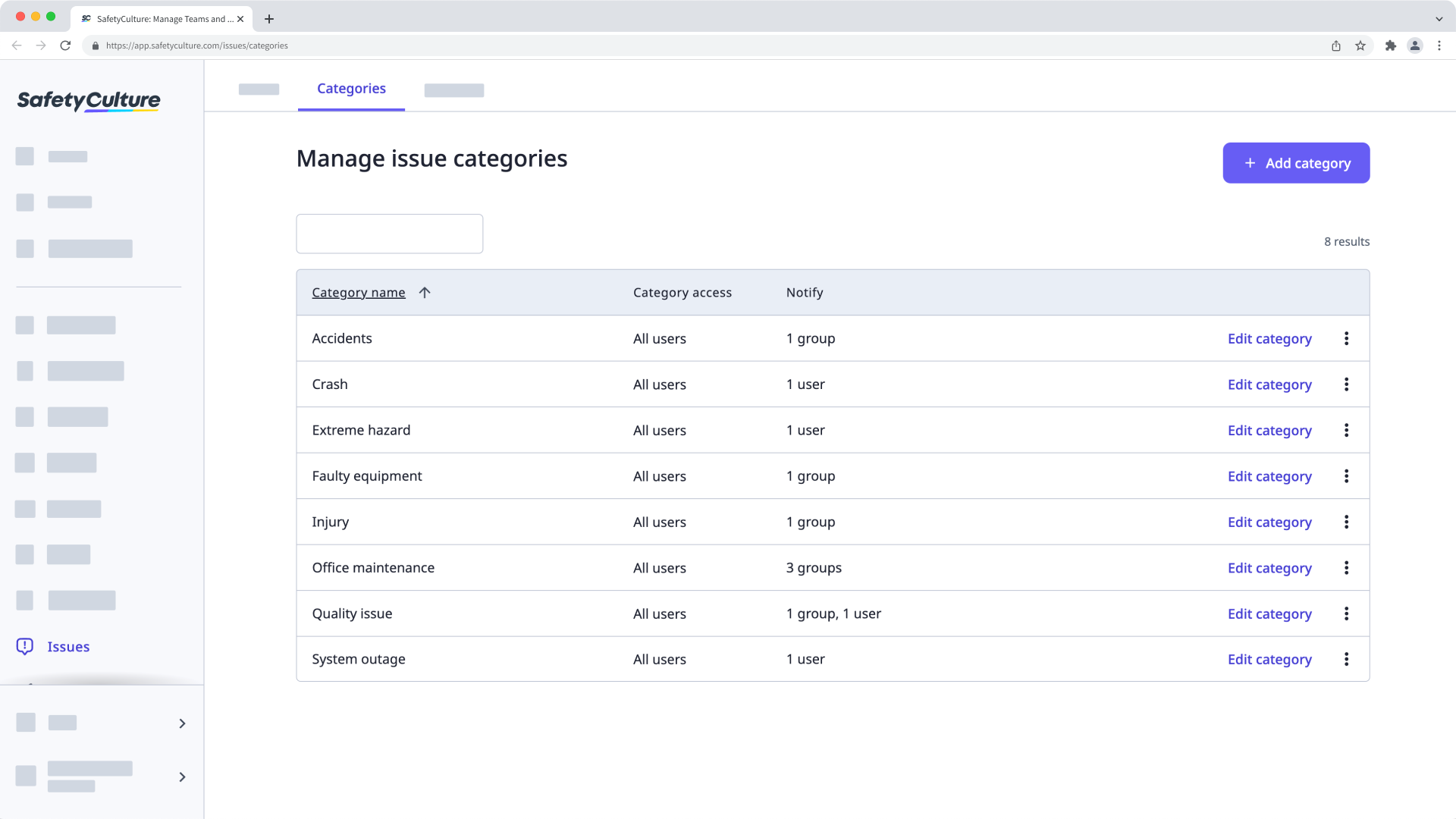 Manage issue categories via the web app.