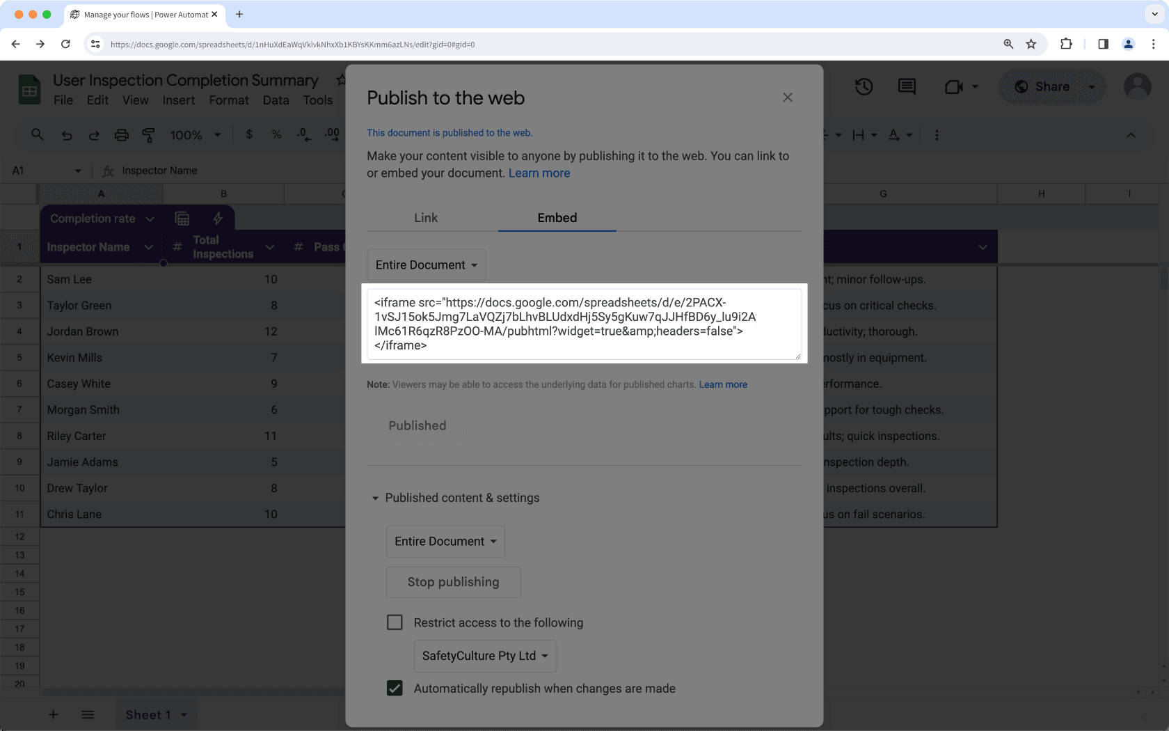 Copie el enlace embebido de Google Sheets.