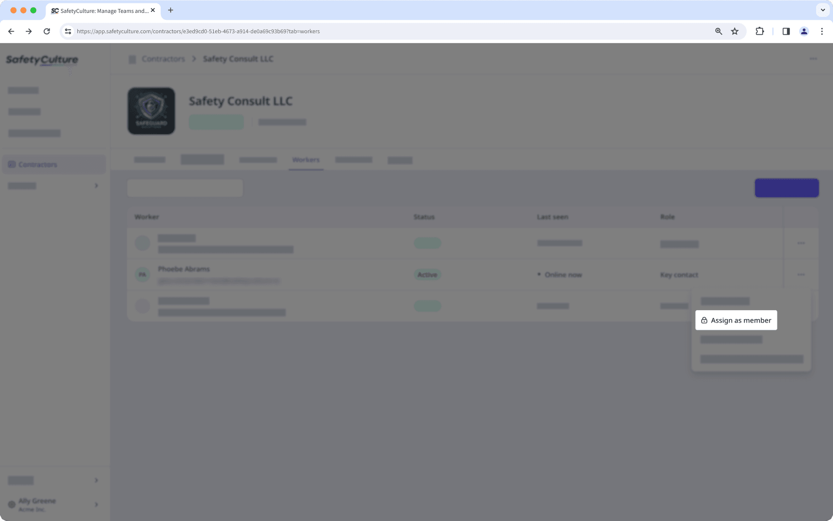 Die Registerkarte "Arbeitnehmer" im Unternehmensprofil mit der Schaltfläche "Als Mitglied zuweisen" ist sichtbar.