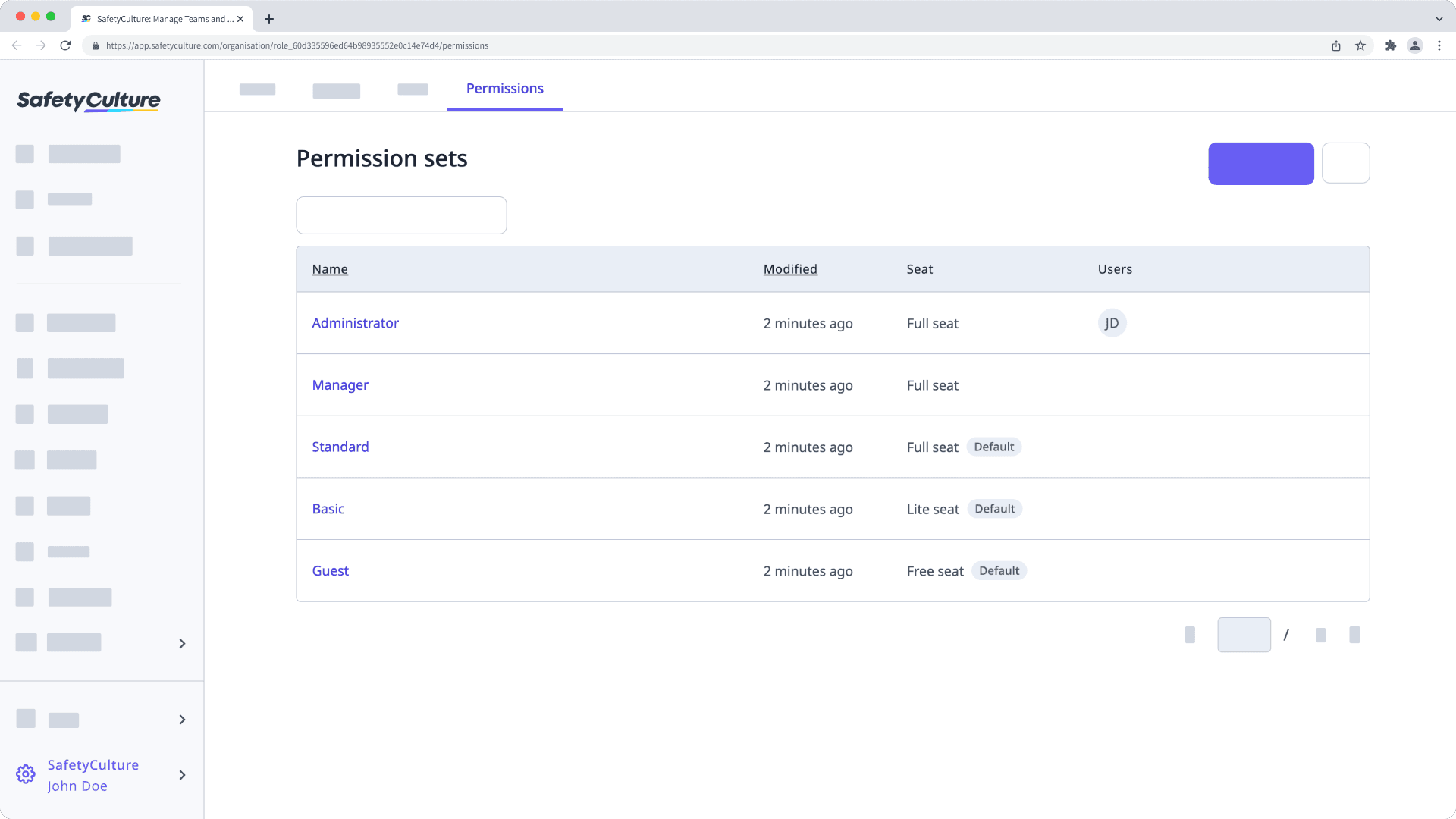 An example of the default permission sets in SafetyCulture.