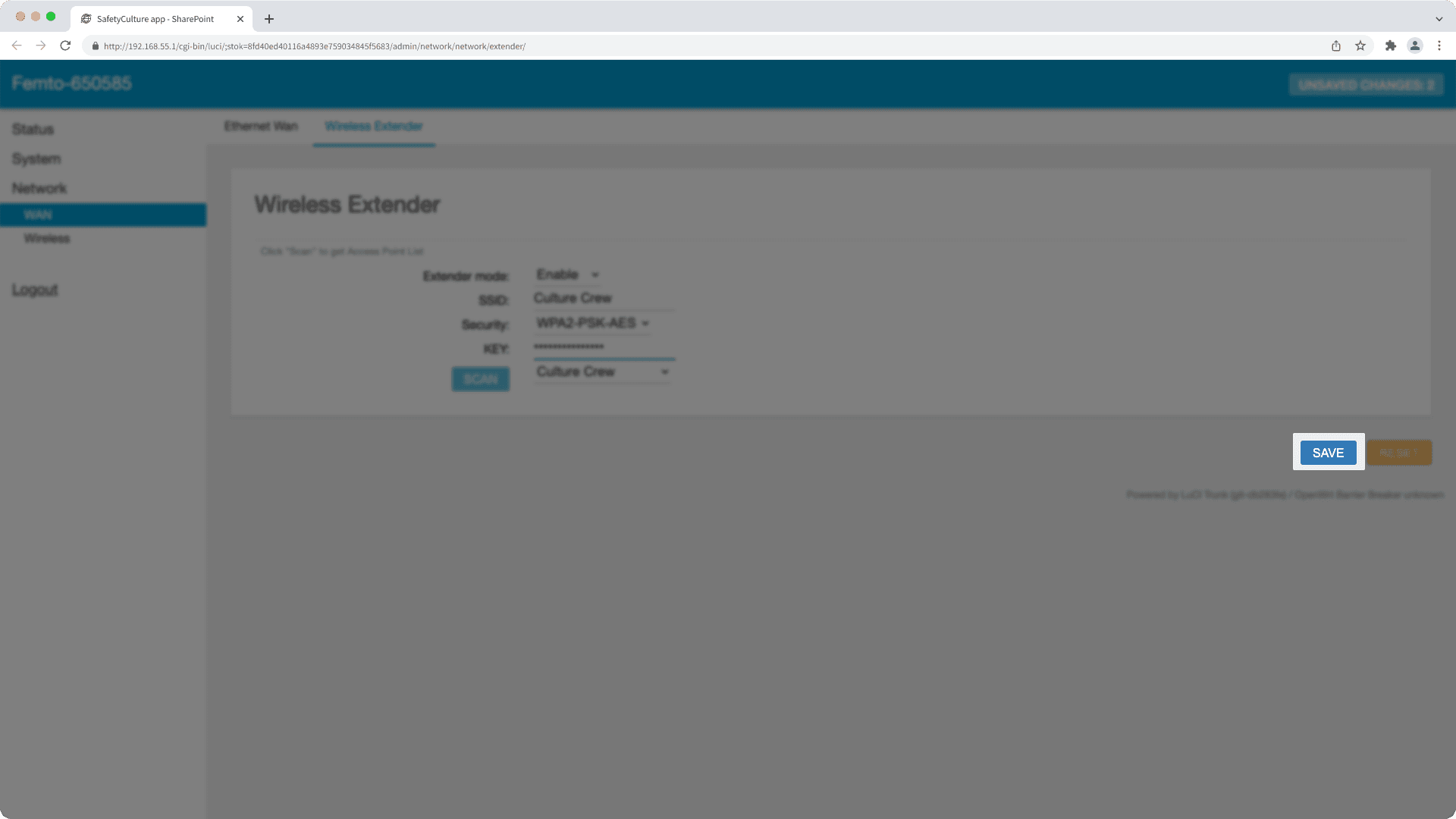 Save the network changes from the Ethernet & Wi-Fi gateway admin page.