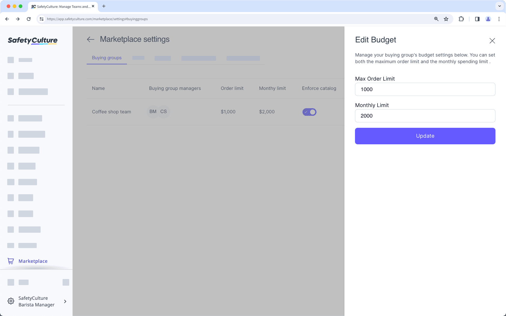 Gestione el presupuesto de un grupo de compra en Marketplace a través de la aplicación web.