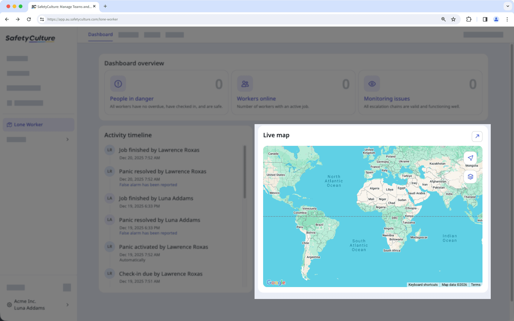 Access the Lone Worker live map from the dashboard.