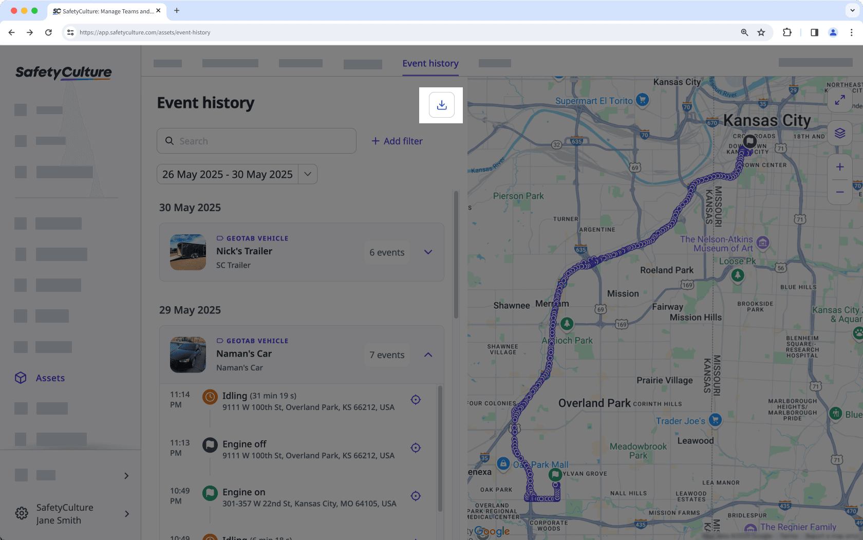 Descargue eventos de activos pasados como CSV a través de la aplicación web.