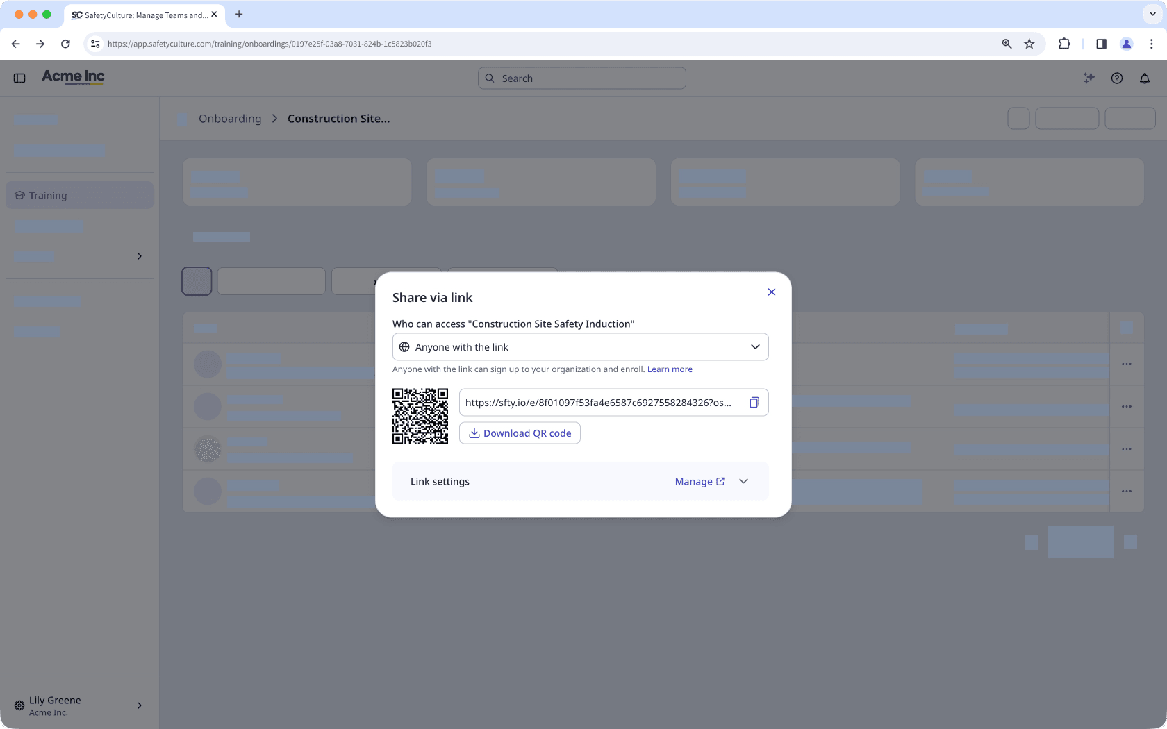 The onboarding workflow page with the 'Share via link' pop-up window open.