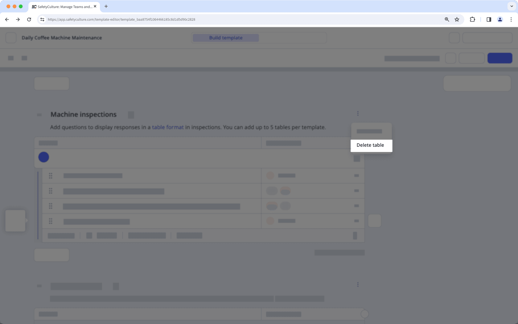 Delete a table from your template via the web app.