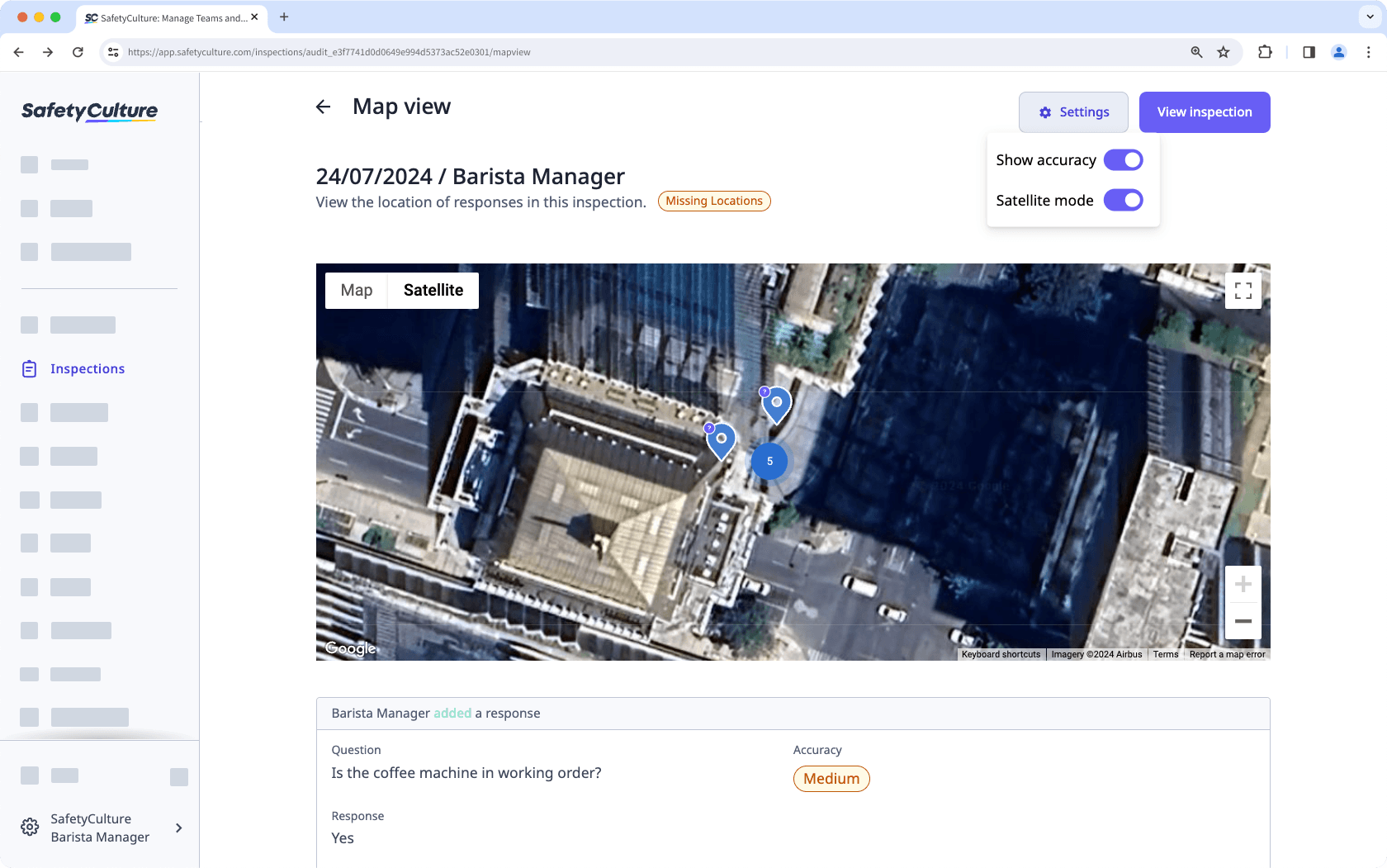 View a map of where each inspection response was answered via the web app.