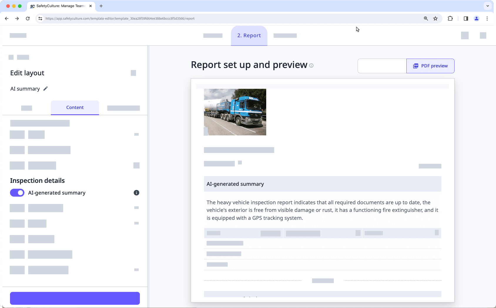 AI summary in report layouts via the web app.