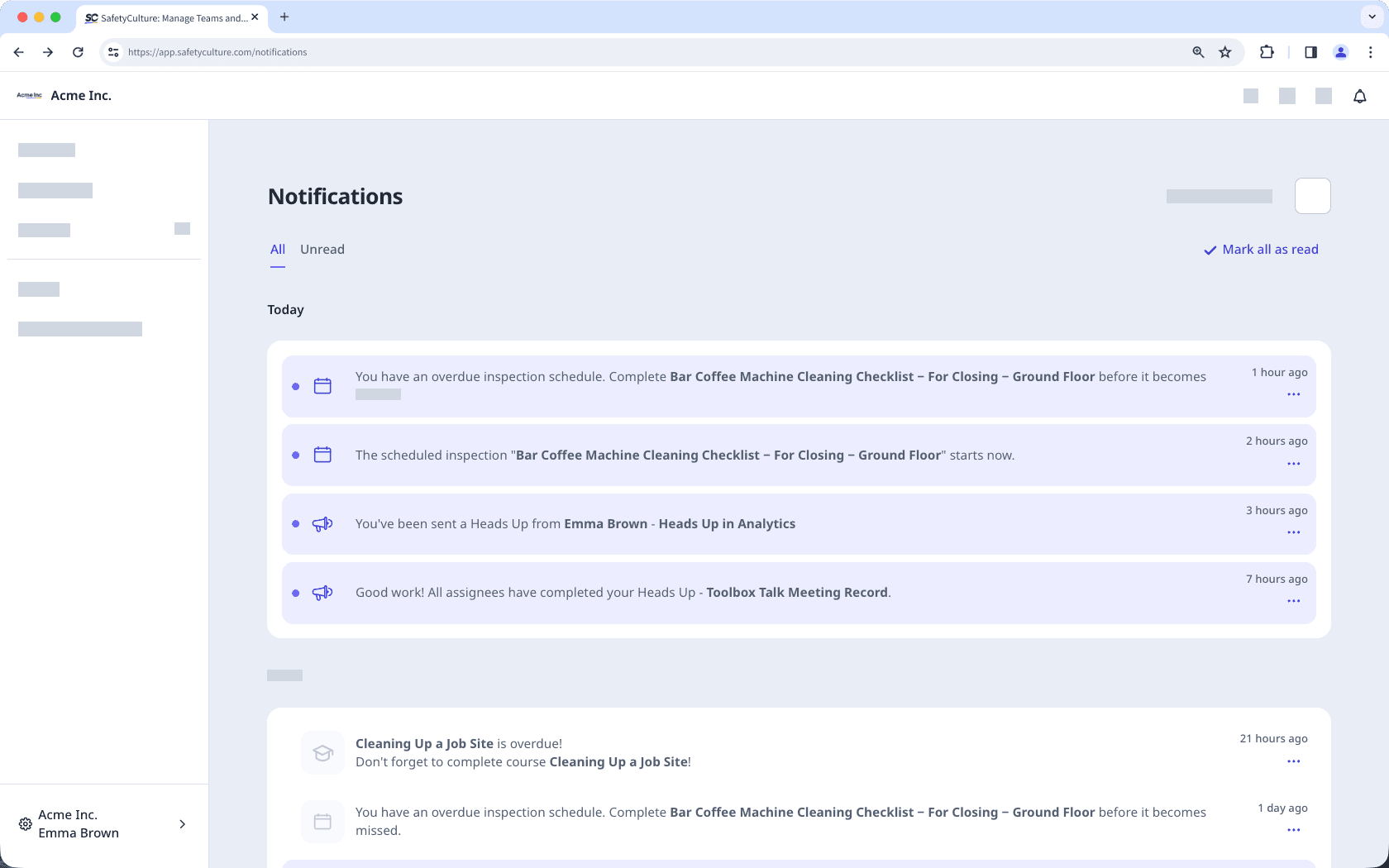 The notifications page showing the in-app notification feed.