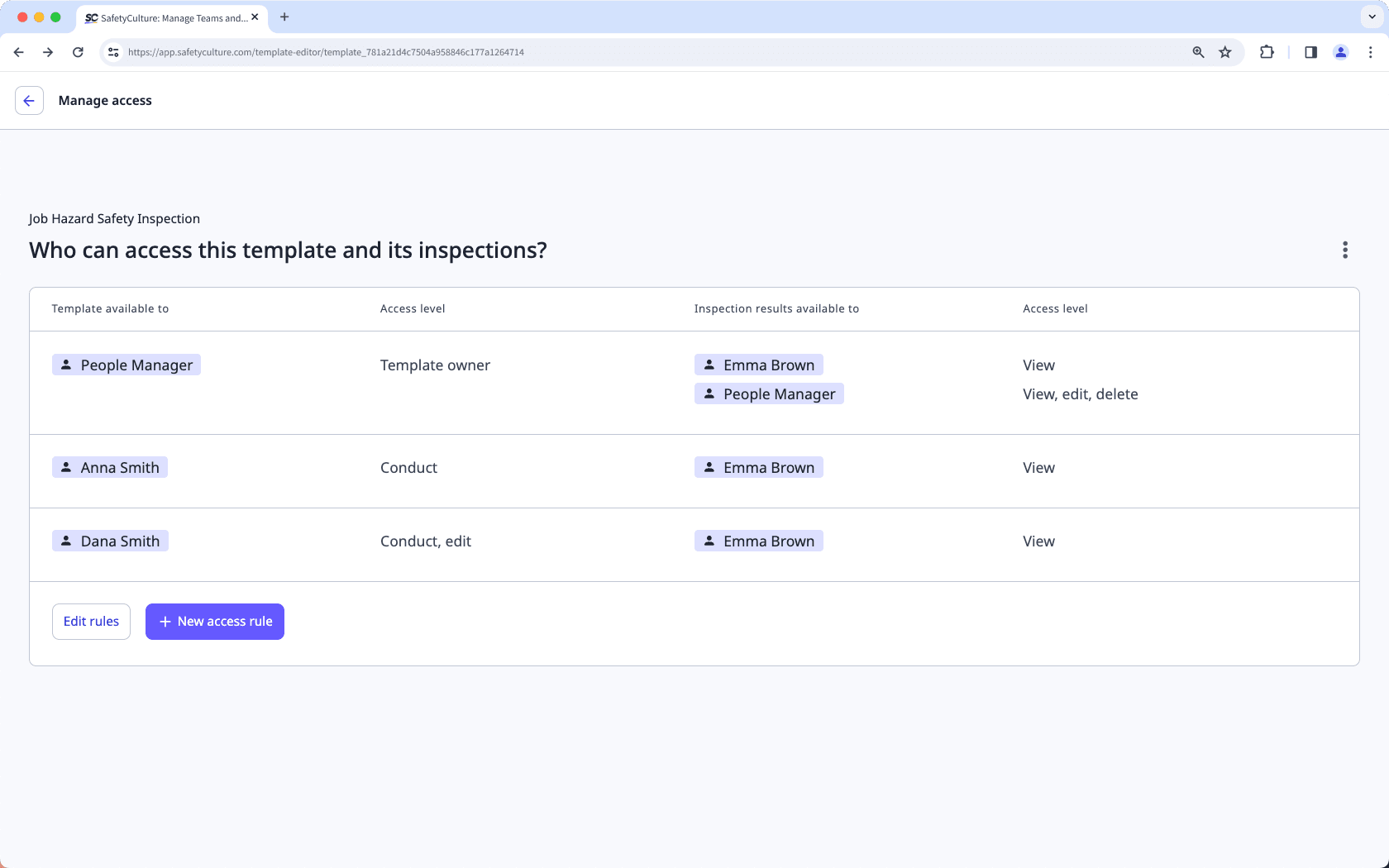 Ver el acceso a plantillas e inspecciones a través de la aplicación web.
