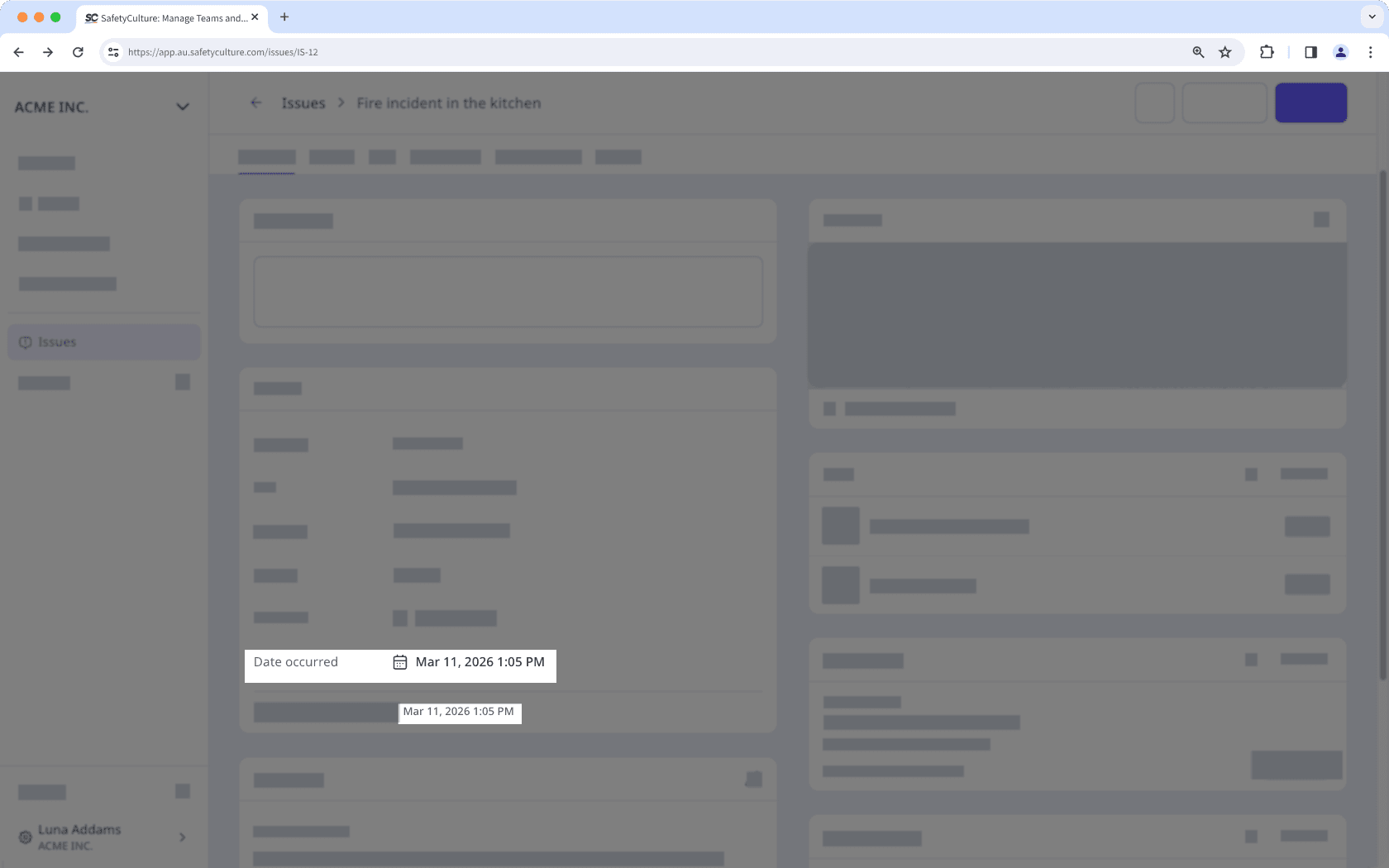 View the issue report date and date occurred via the web app.
