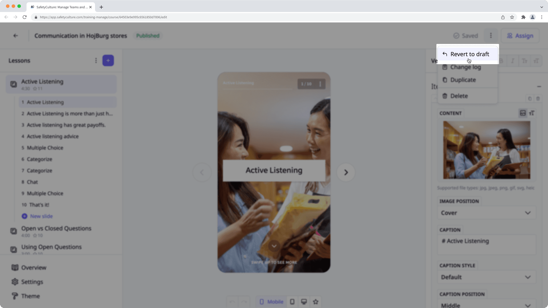 Revert a selected course to draft via the web app.